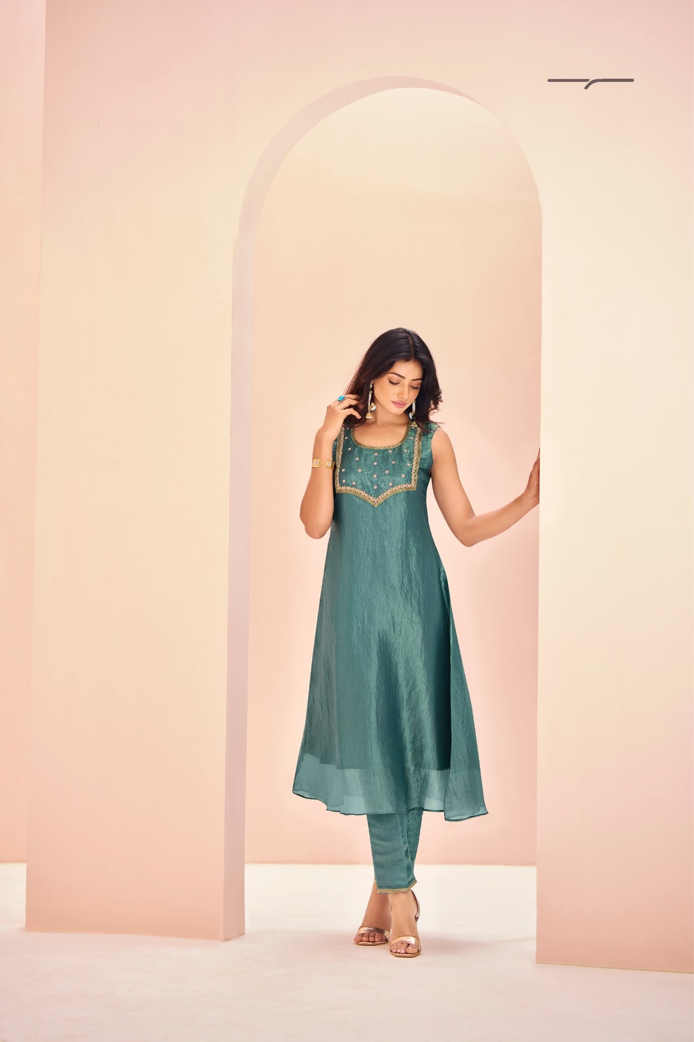Serene Aqua Pure Organza Hand Embroidered Kurta And Pant Set