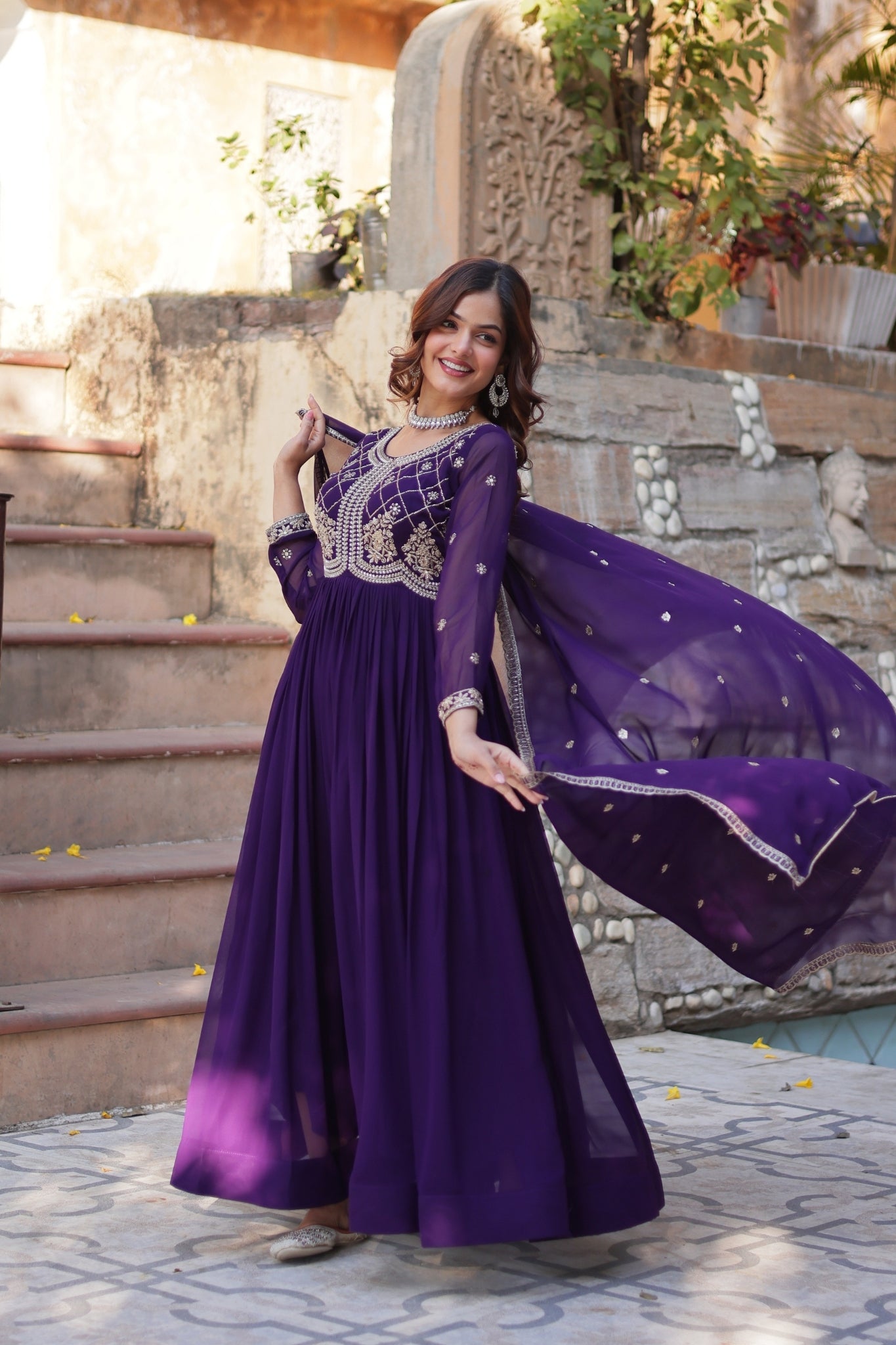 Designer Beads Embroidered Work Beautiful Wedding Gown With Dupatta Set