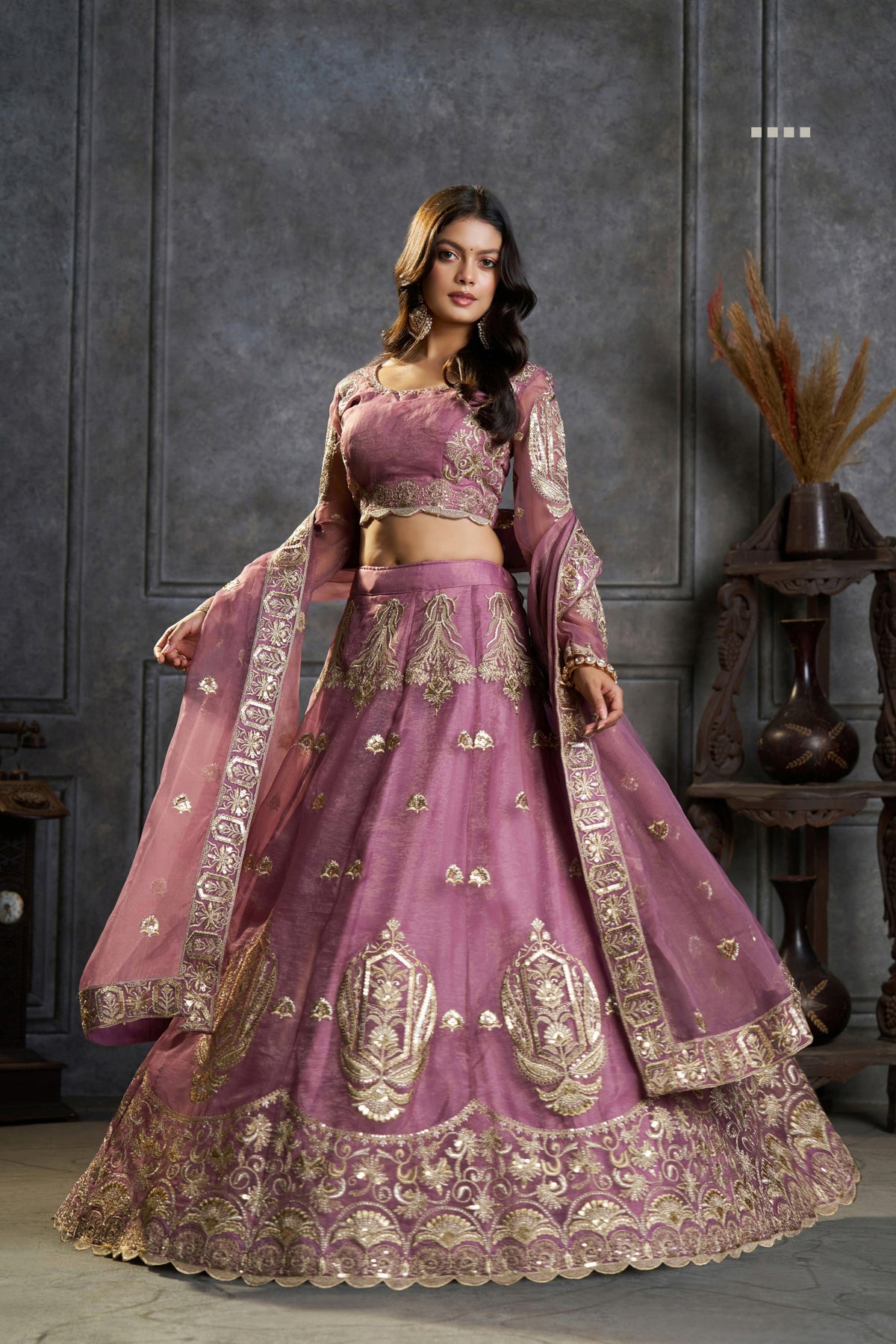 Pure Organza Embroidered Designer Lilac Zari Sequin Work Bridal & Party Wear Lehenga Choli With Dupatta
