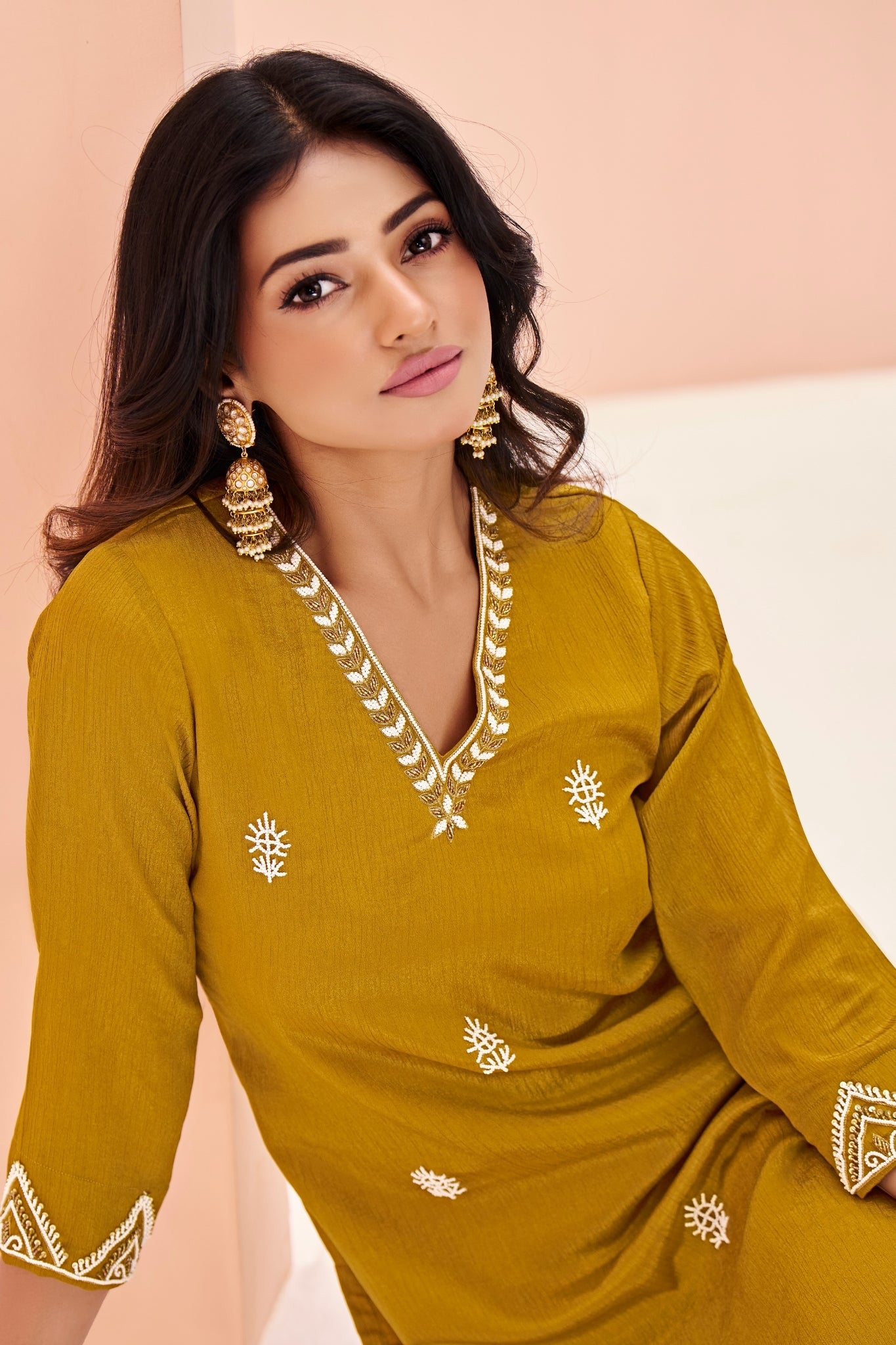 Rich Mustard Chinon Handwork Kurta Set