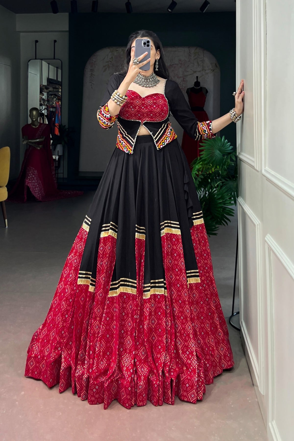 Rayon Navratri Bandhej Print Designer Gamthi Work Lehenga Choli