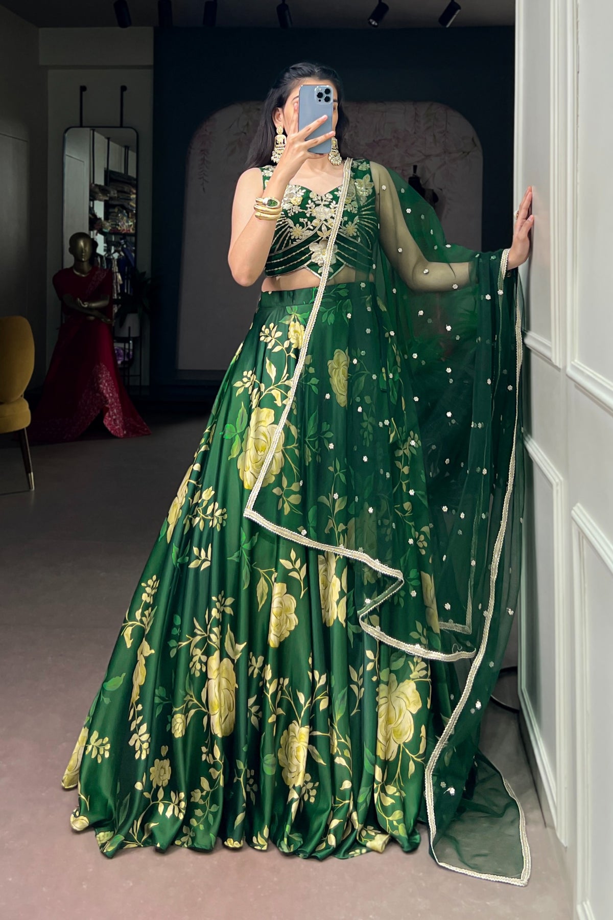 Green Satin Silk Floral Print Designer Embroidered Lehenga Choli