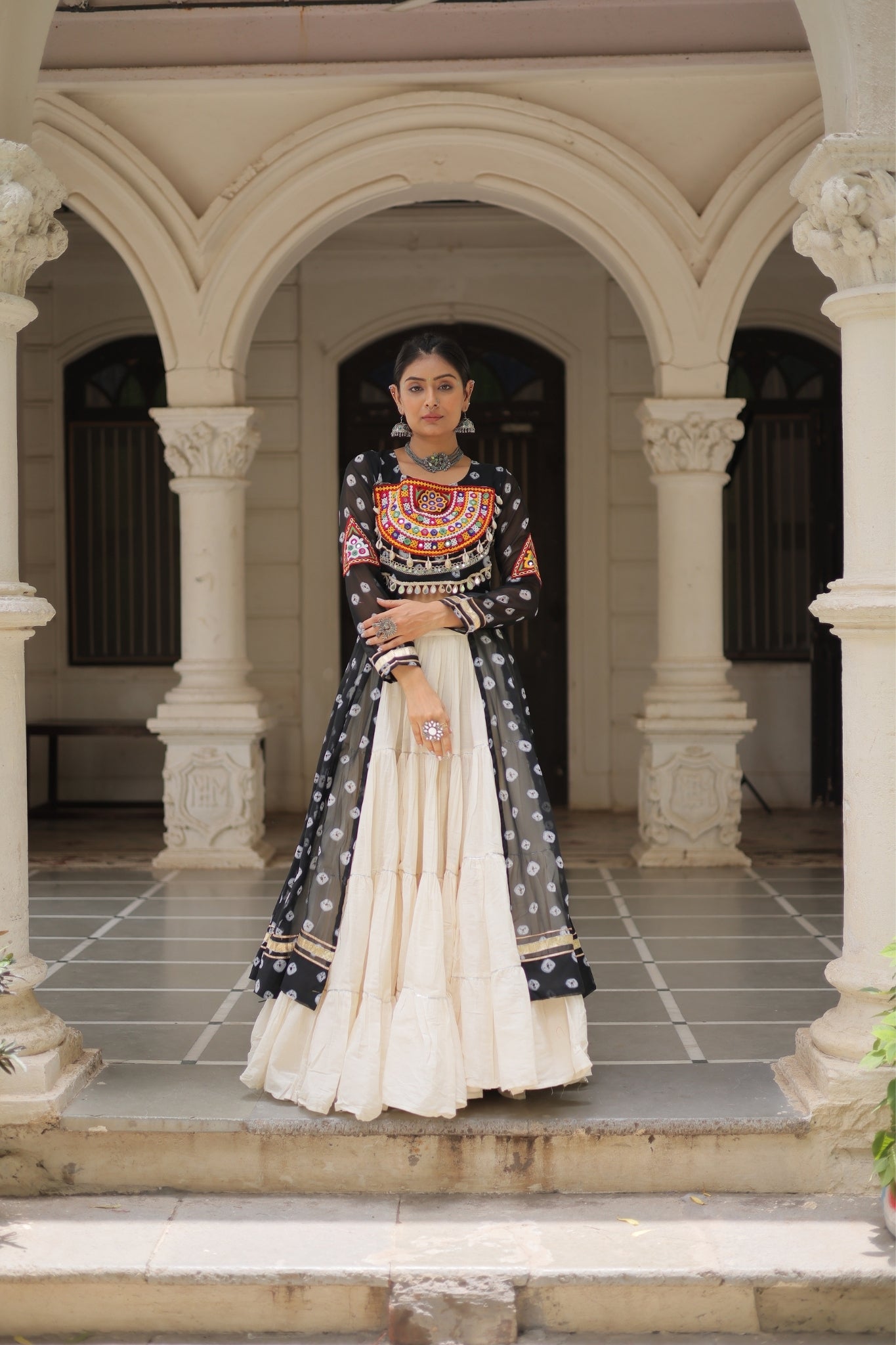 Kora Cotton Stylish Frill Stitching Beautiful Navratri Lehenga With Bandhani Printed Kurti