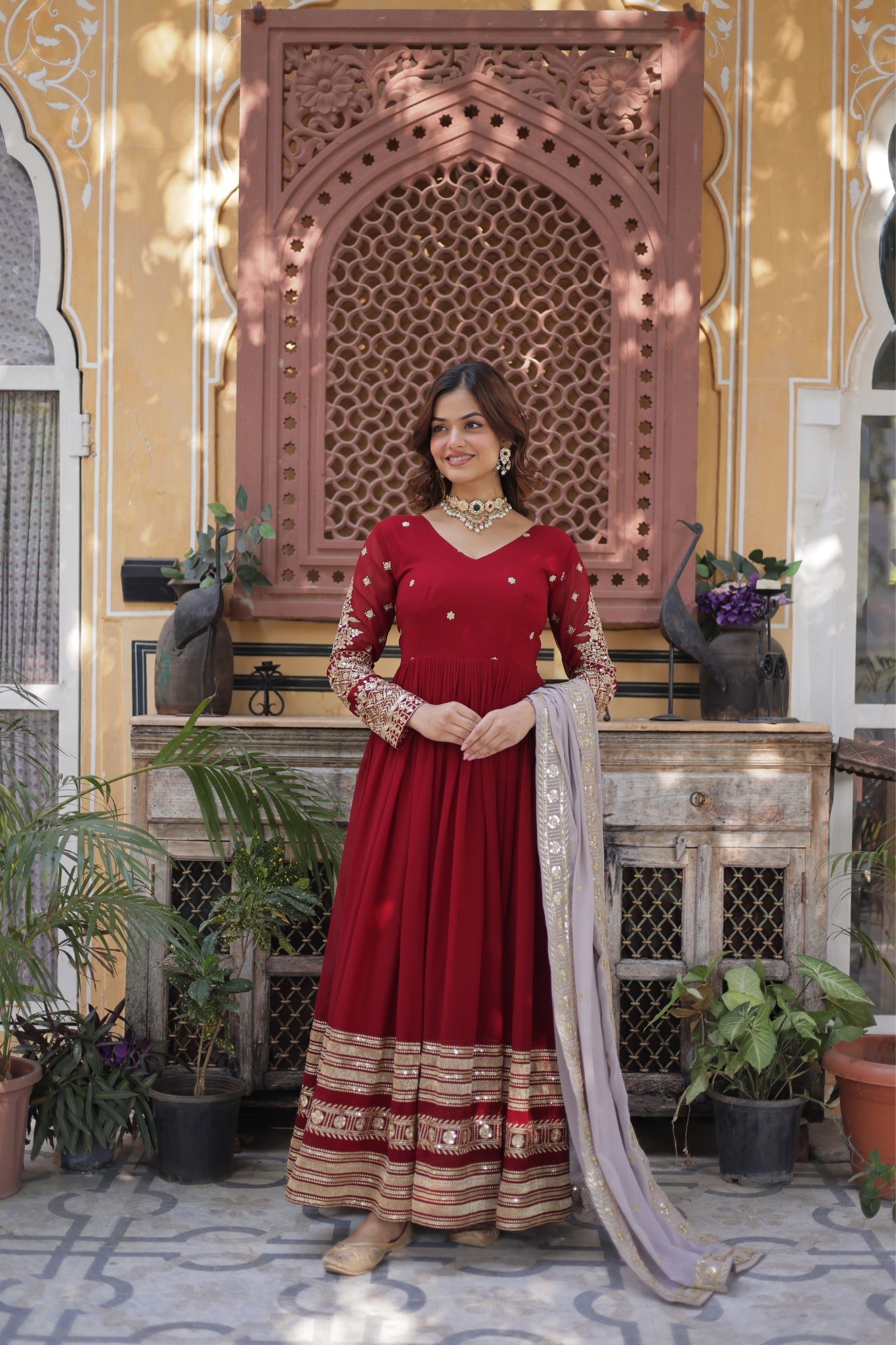 Traditional Maroon Embroidery Sequins Work Anarkali Suit Set