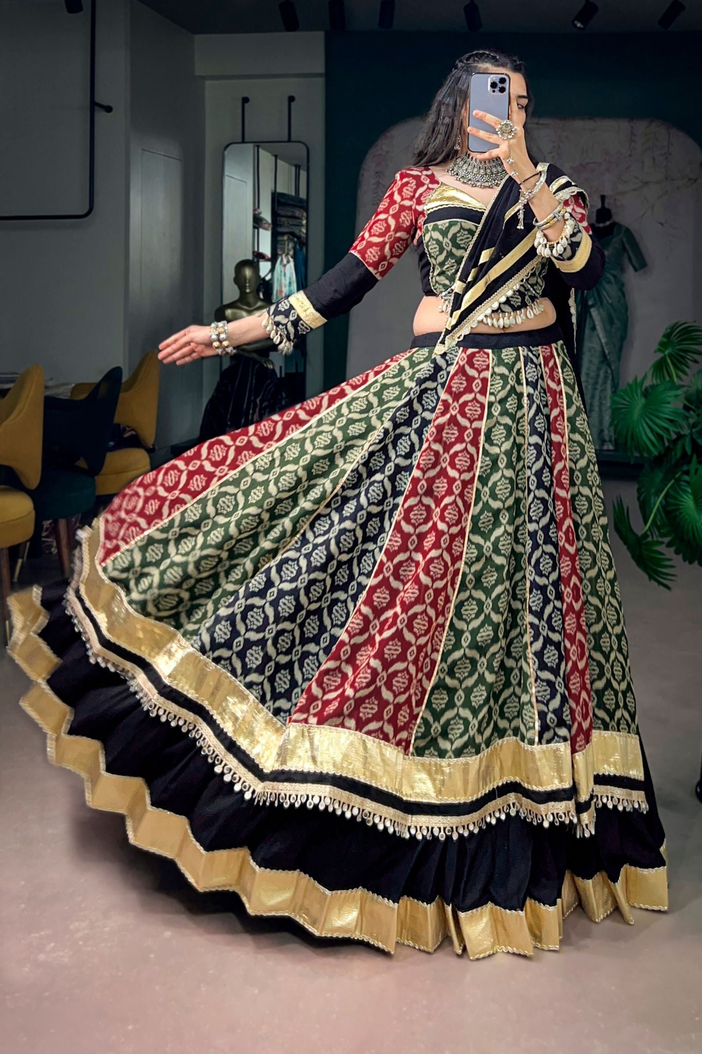 Raasrang Designer Navratri Lehenga Choli In Pure Rayon Heritage Print Garba Outfit