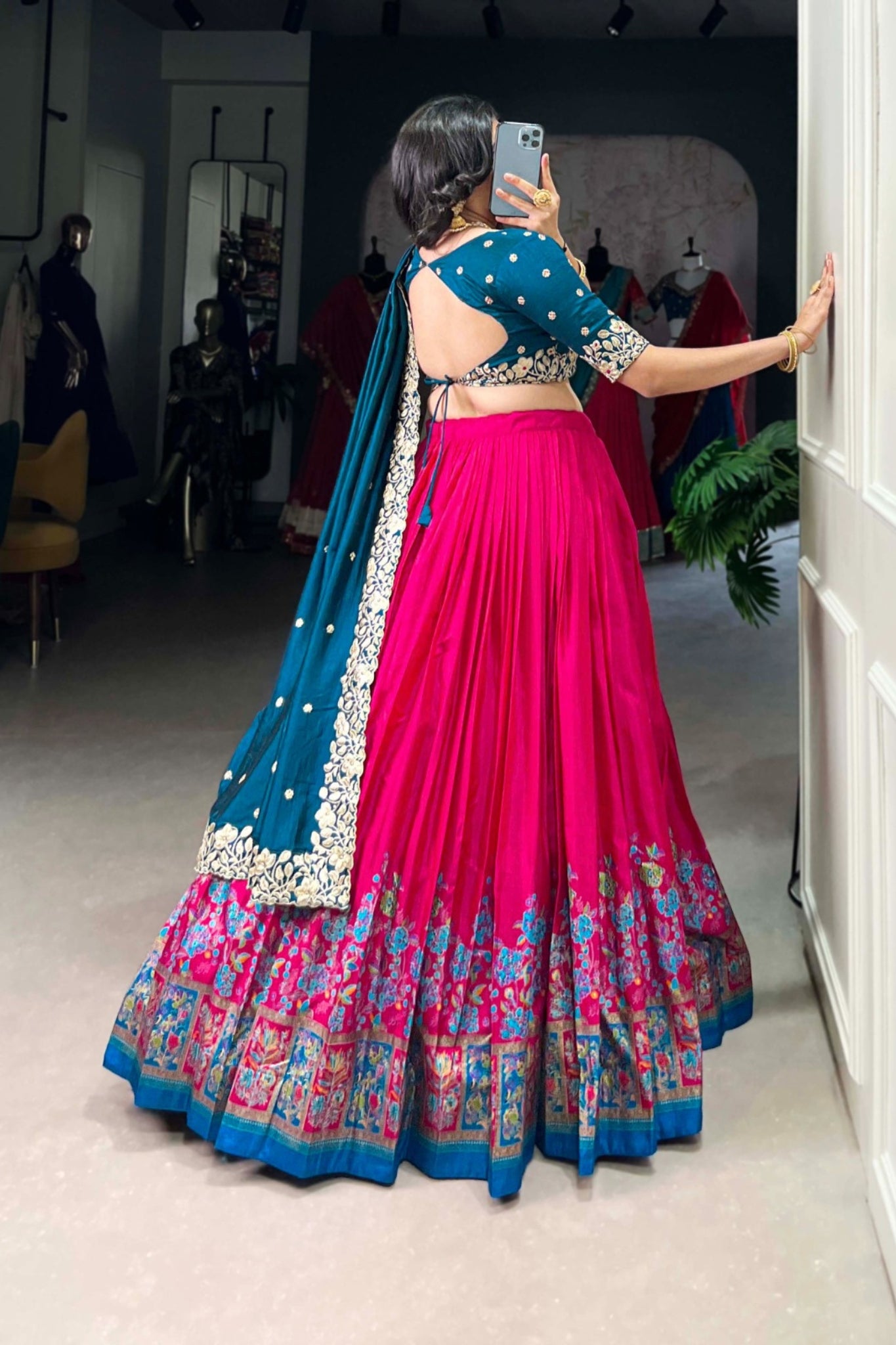 Designer Tussar Silk Printed Lehenga Set With Embroidered Blouse And Dupatta