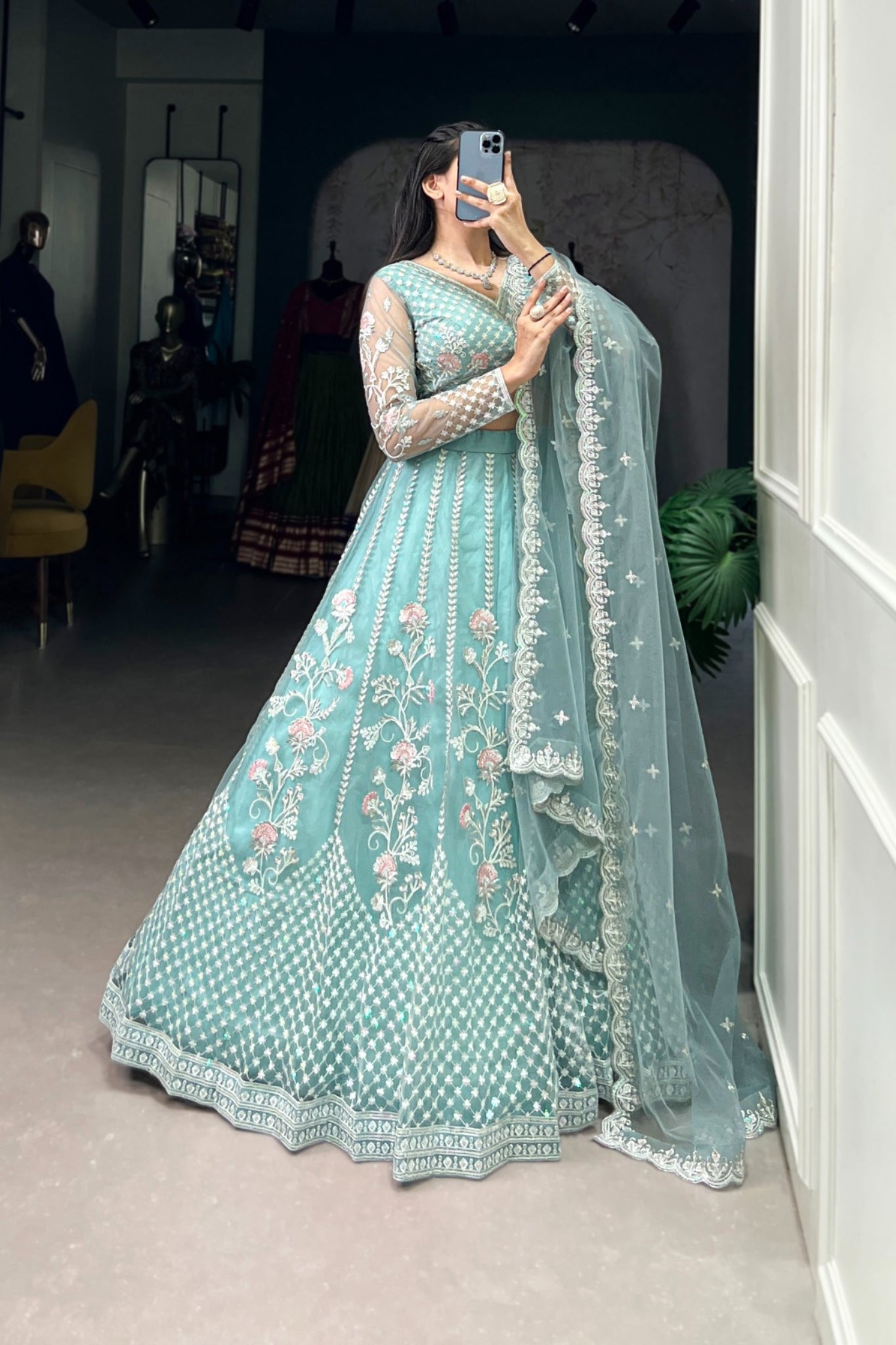 Designer Net Sequins Embroidered Lehenga Set With Dupatta