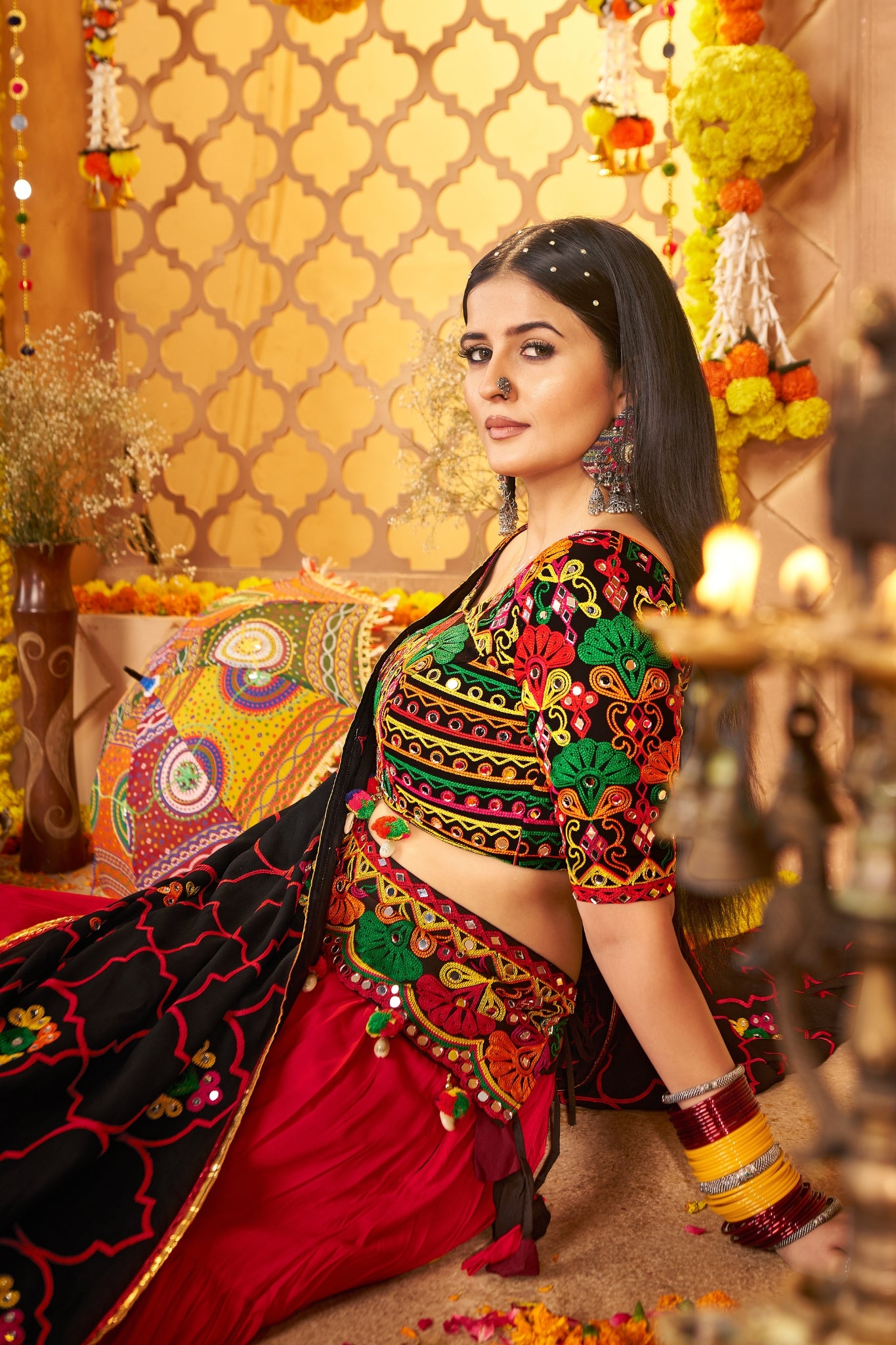 Festive Designer Viscose Cotton Multi Tread With Mirror Work Traditional Navratri Lehenga Choli
