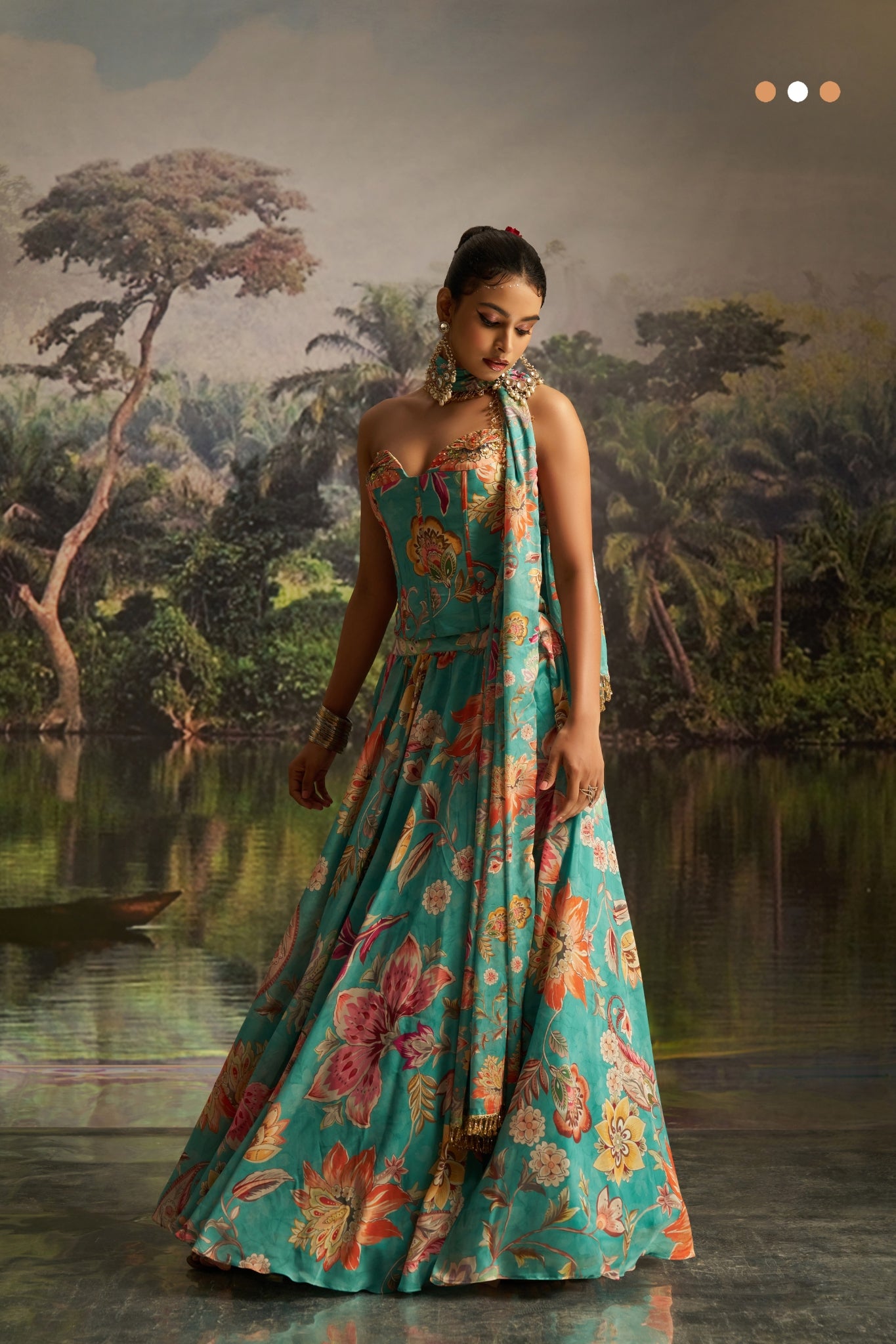 Mint Blue Floral Georgette Lehenga Set With Handwork And Corset Blouse