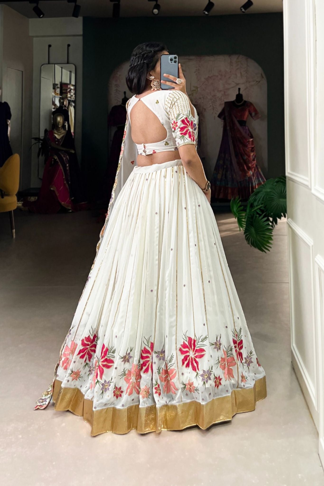 White Georgette Tread Embroidery Work Lehenga Choli