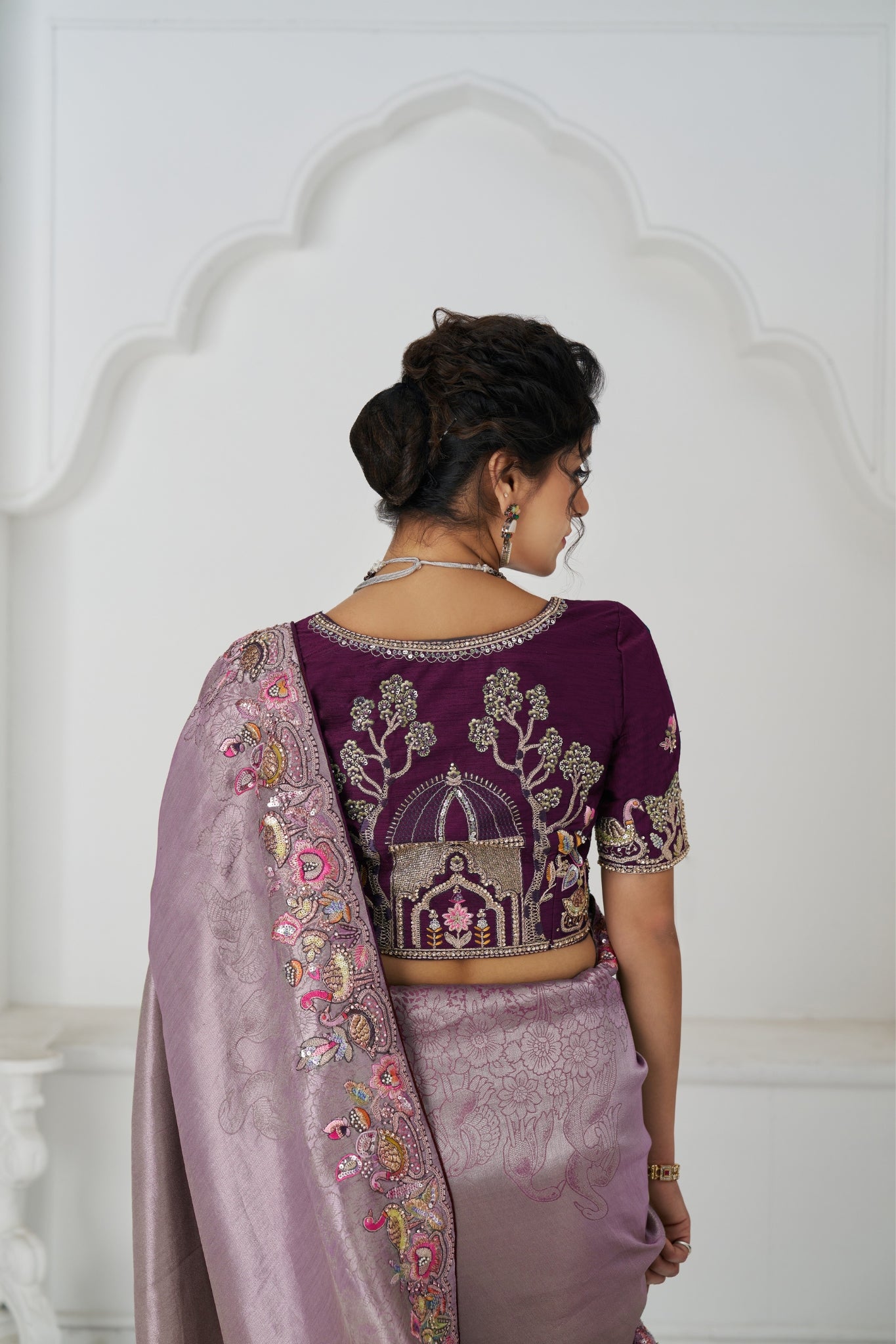 Mauve Luxury Wedding Saree With Multi-Thread Bead Embroidery & Sequin Work