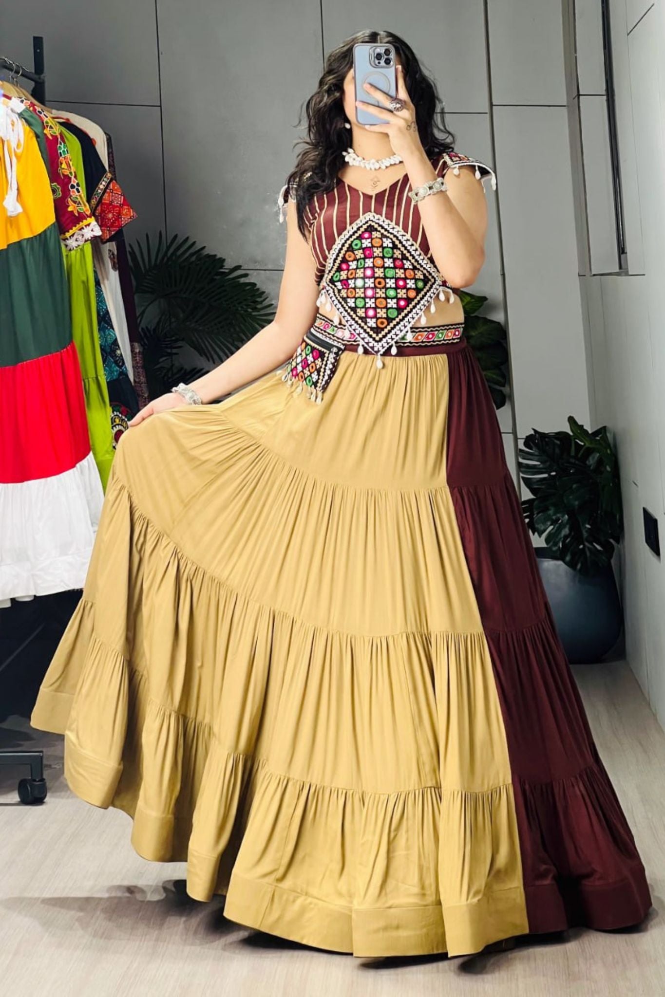 Raasrang Beige Brown Navratri Lehenga Choli For Women