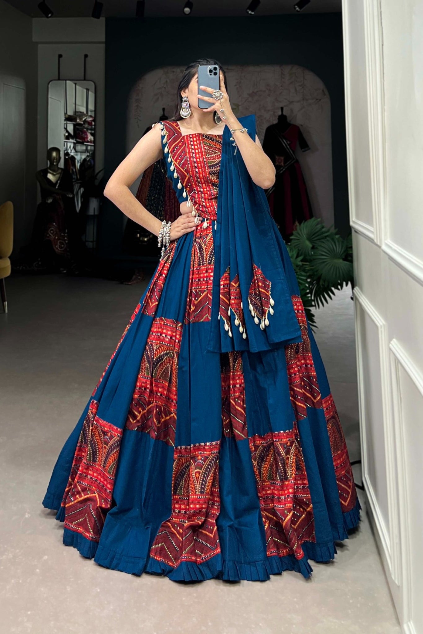 Blue Designer Printed With Foil Work Ready Made Navratri Lehenga Choli