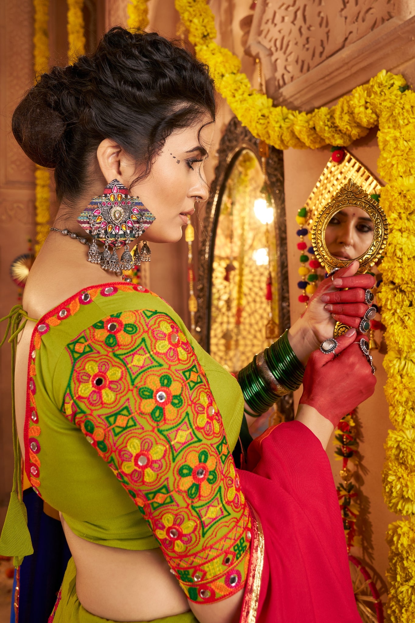 Viscose Cotton Elegant Thread Embroidered With Mirror Work Traditional Navratri Lehenga Choli