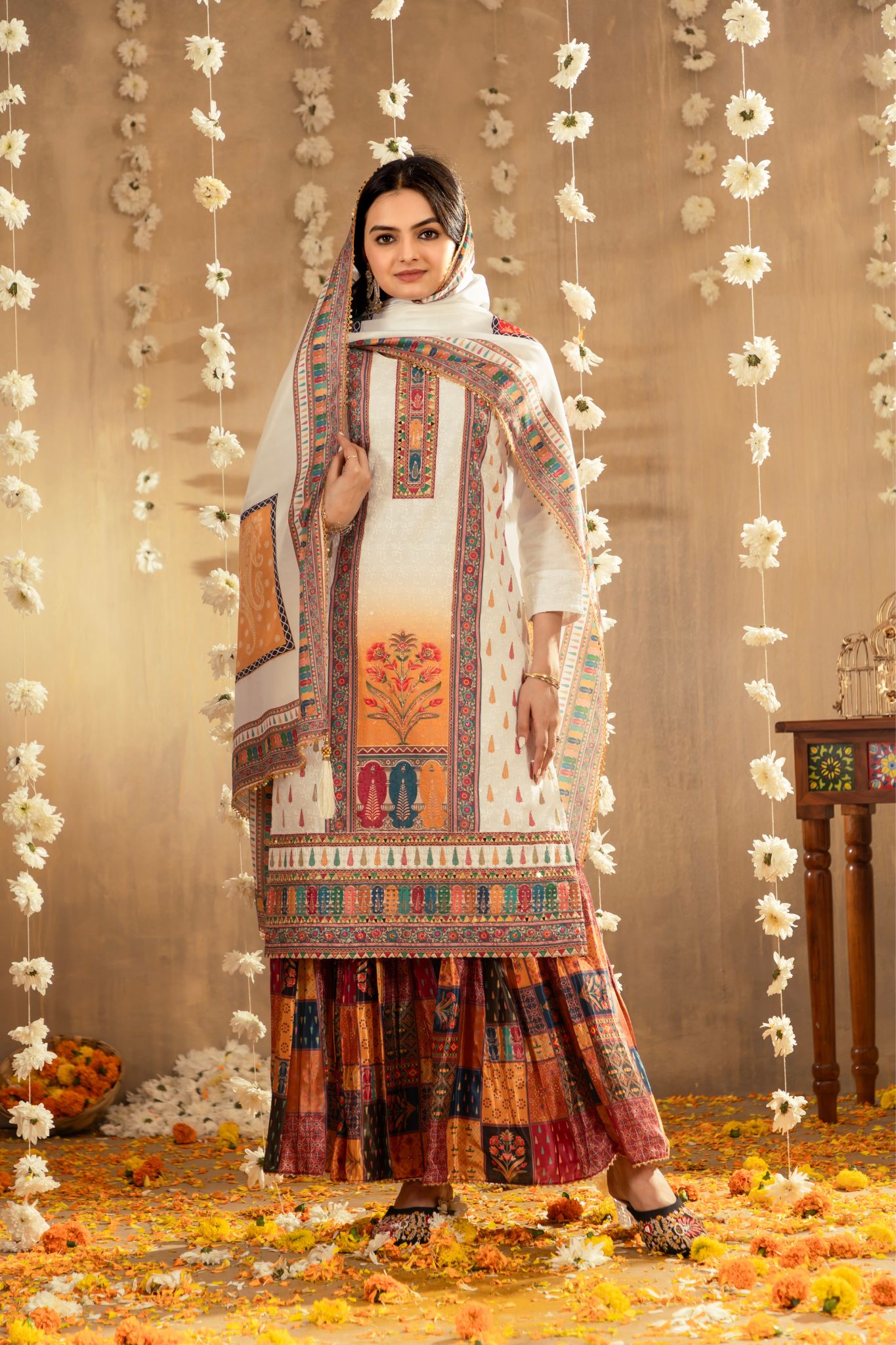 Stunning Printed With Mirror Sifali Work Cotton Sharara Set