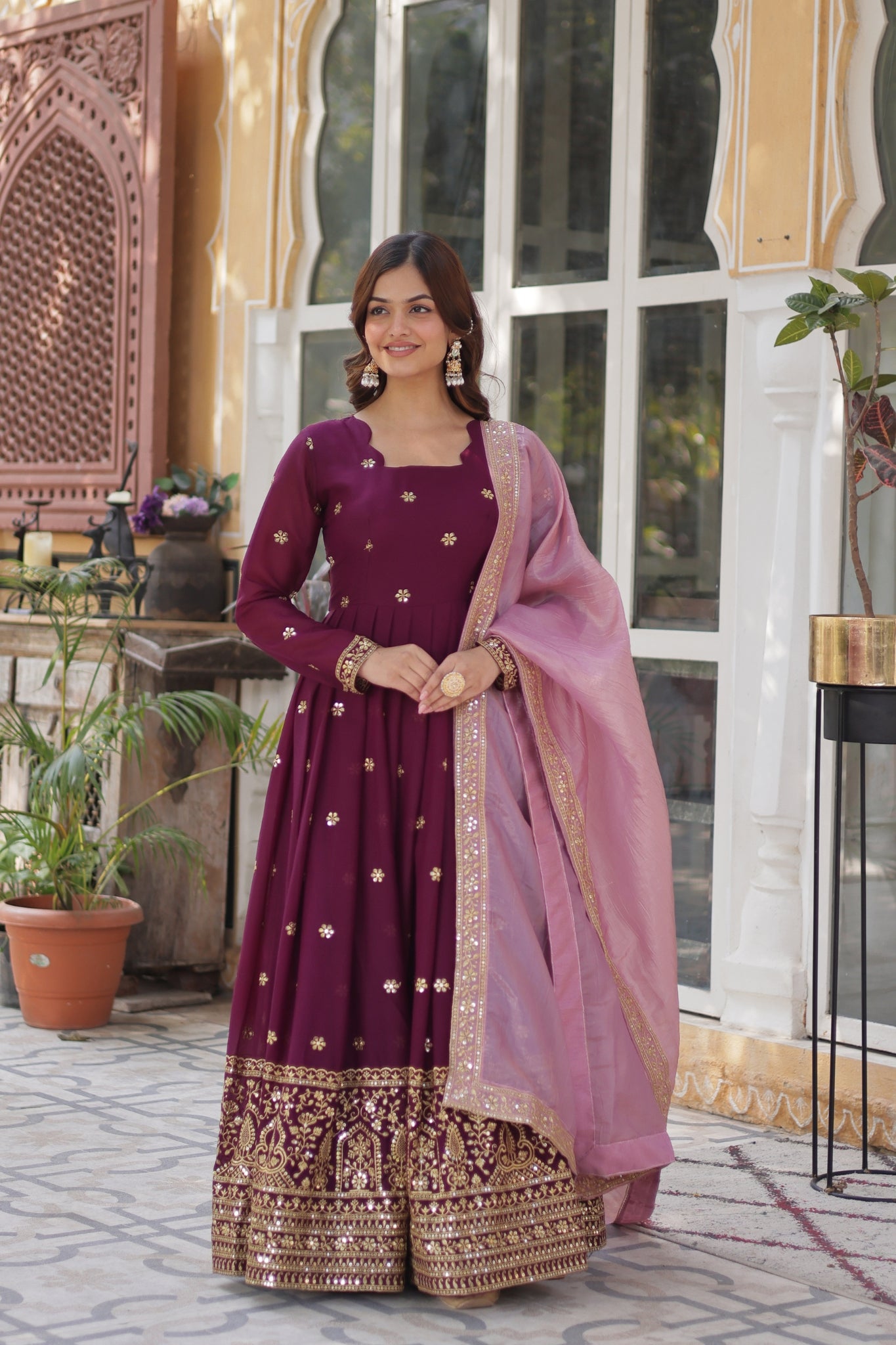 Plum Embroidered Georgette Anarkali Set