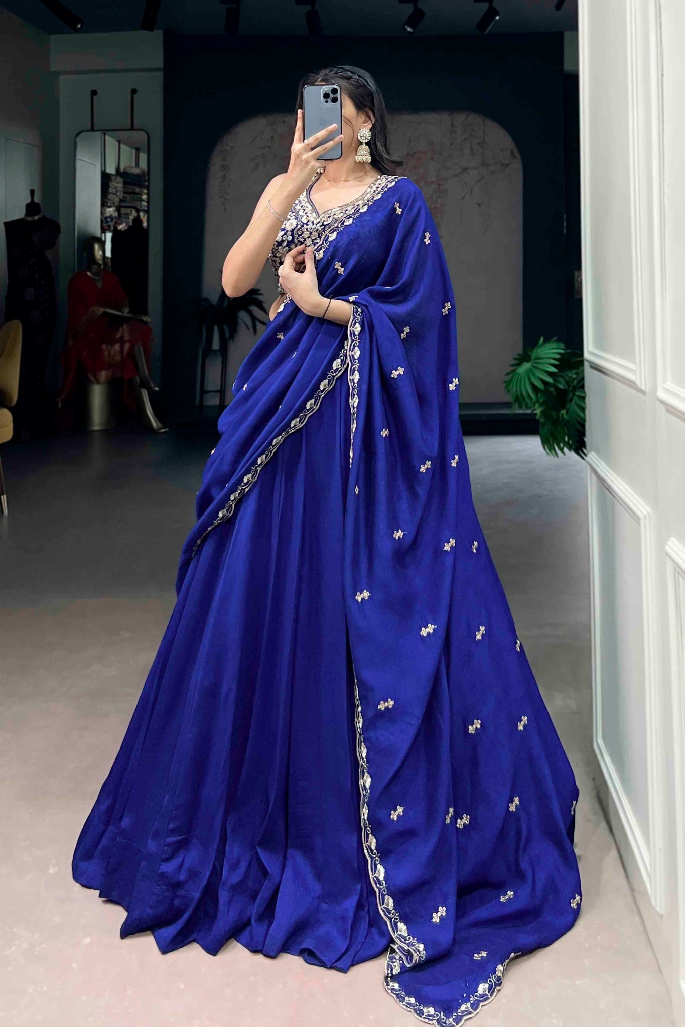 Royal Blue Kashmiri Lehenga Set With Heavy Embroidered Blouse And Dupatta