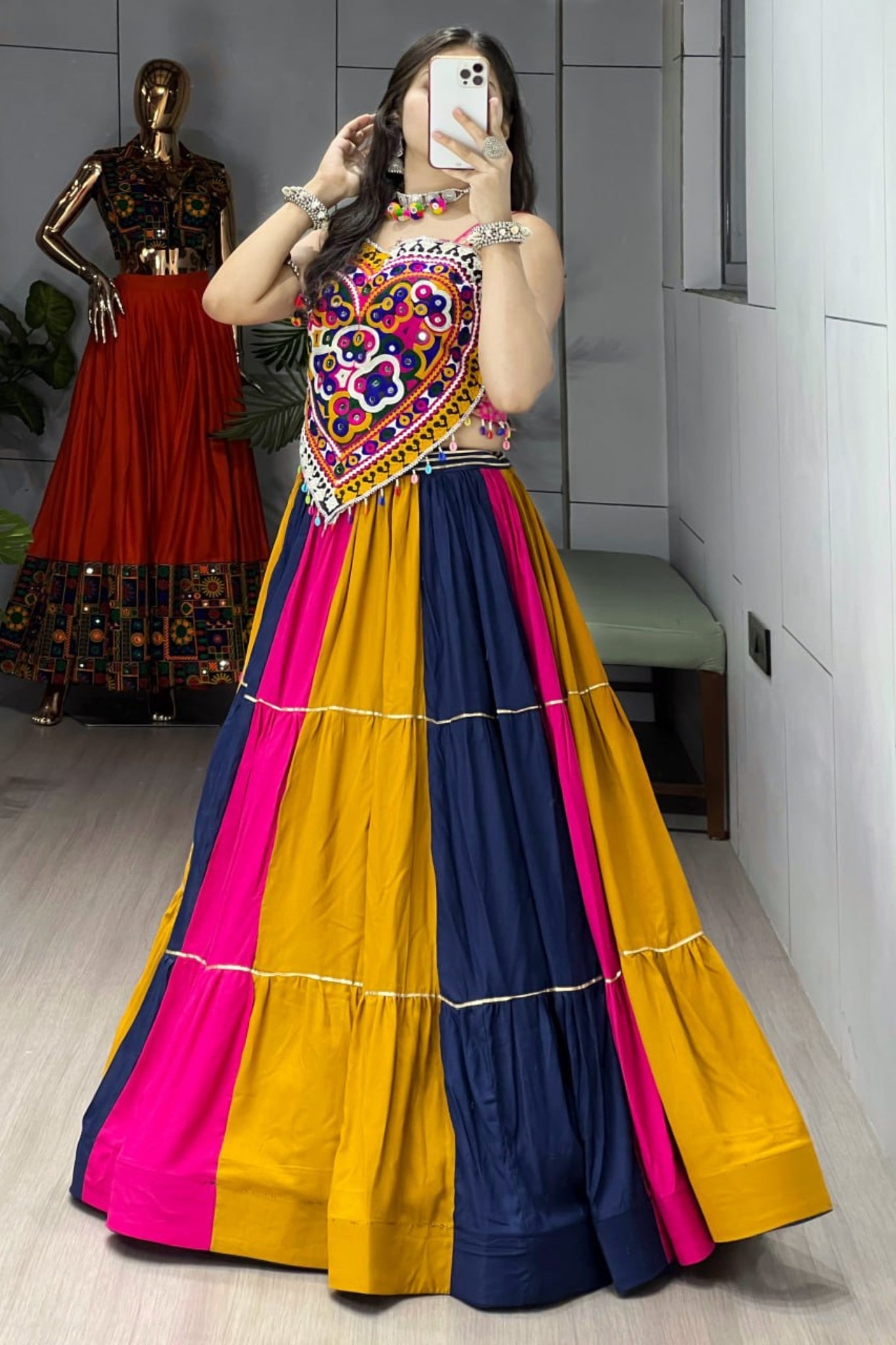 New Multicolor Frilled Pattern Real Mirror Work Navratri Chaniya Choli For Women