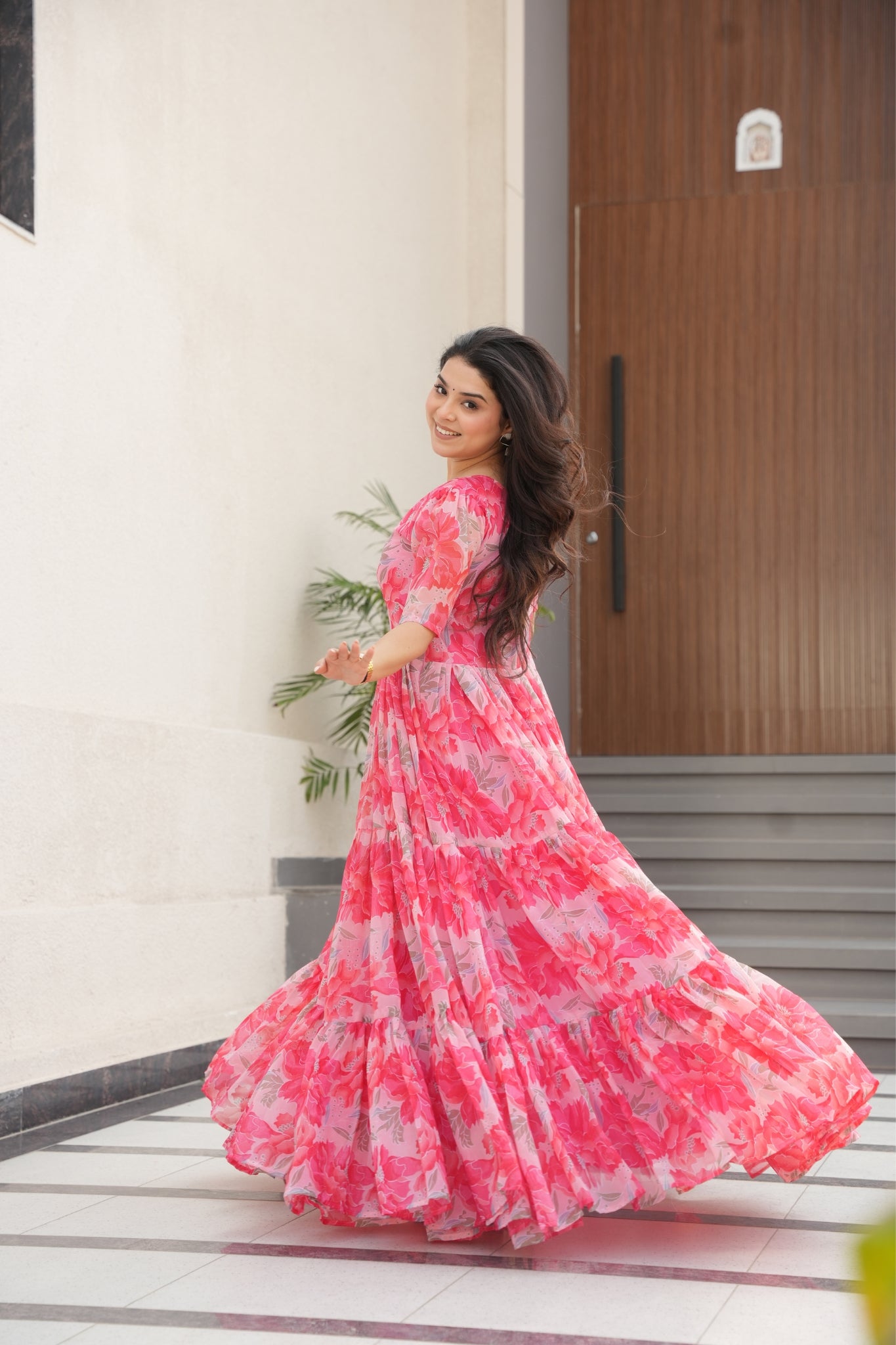 Floral Printed Georgette Women Tiered Gown