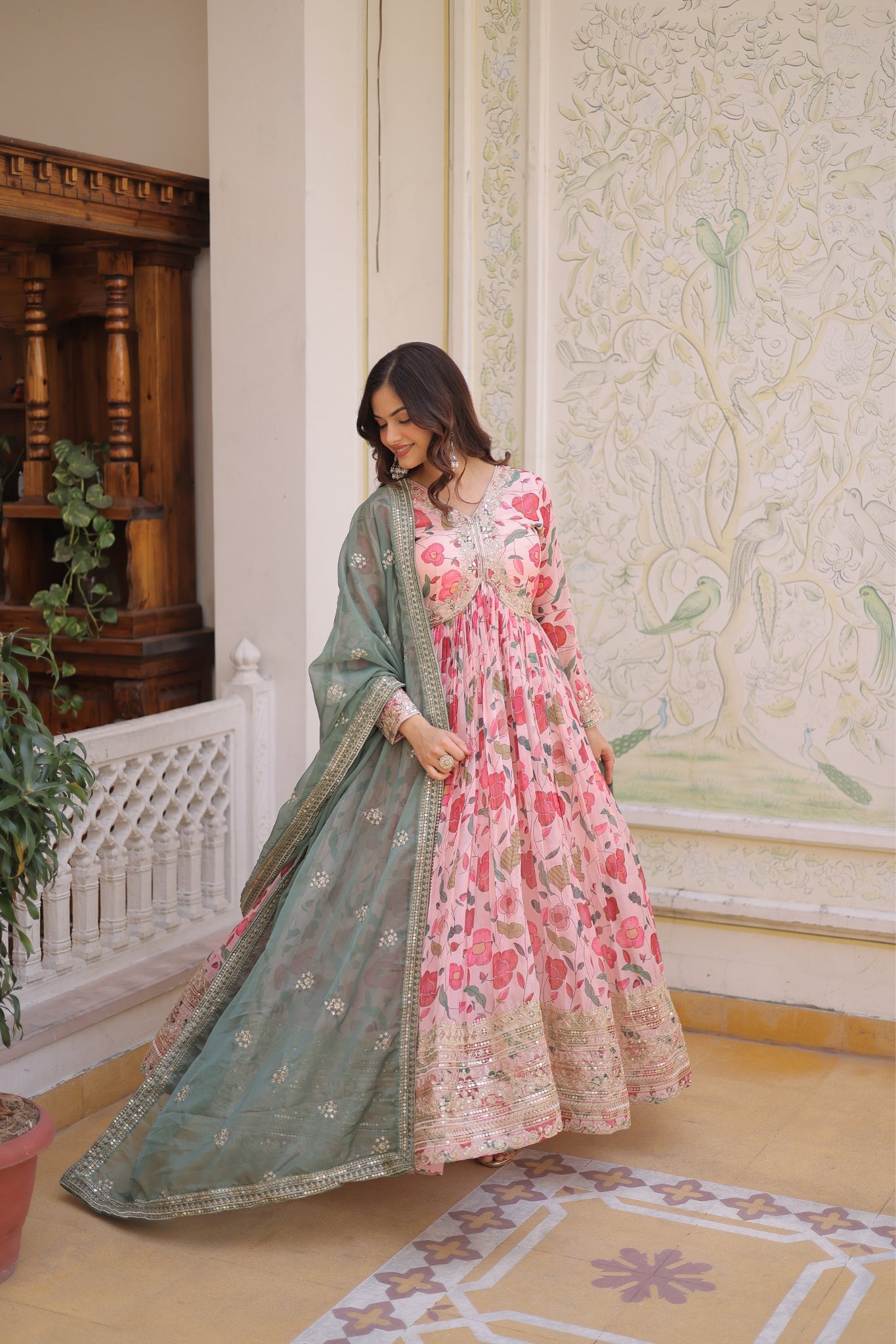 Designer Zari Sequins Embroidery With Printed Russian Silk Anarkali Suit