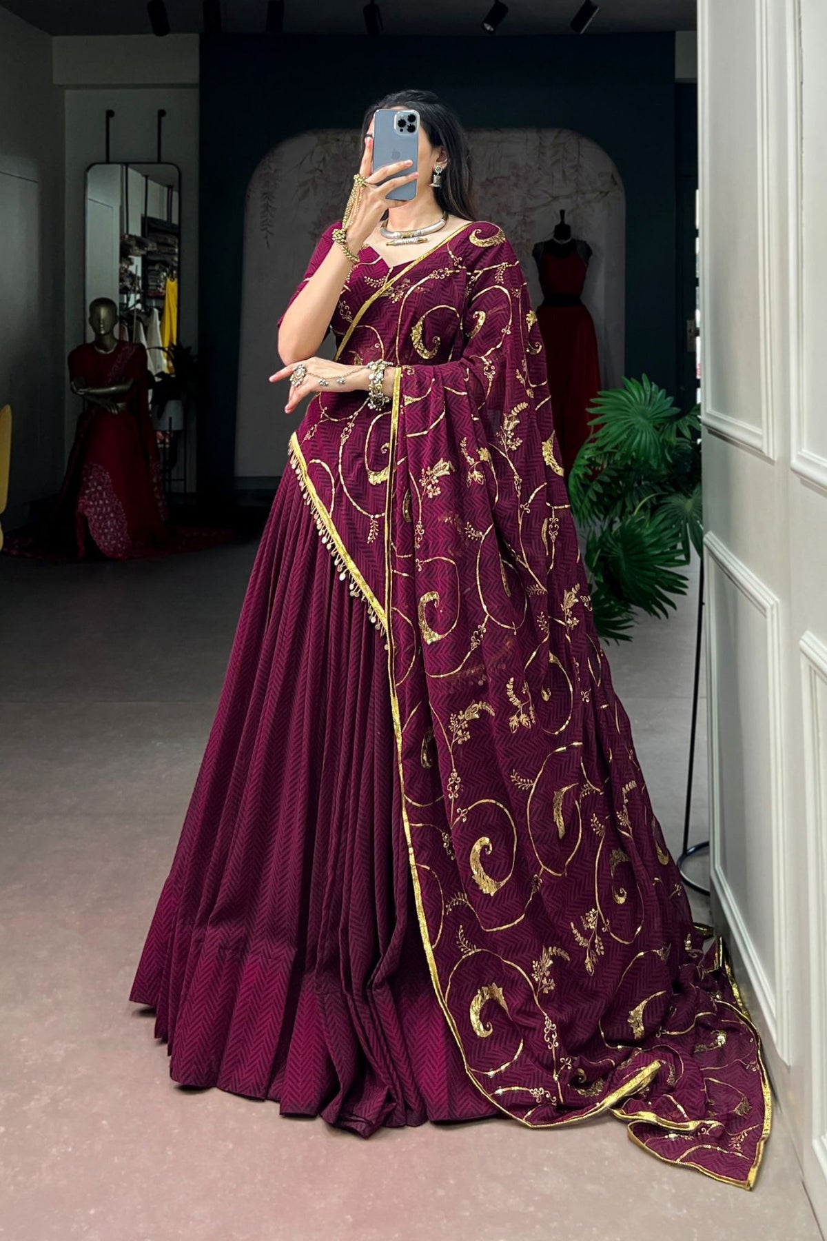Wine Lightweight Designer Sequins Thread Embroidery Work Garba Lehenga Choli