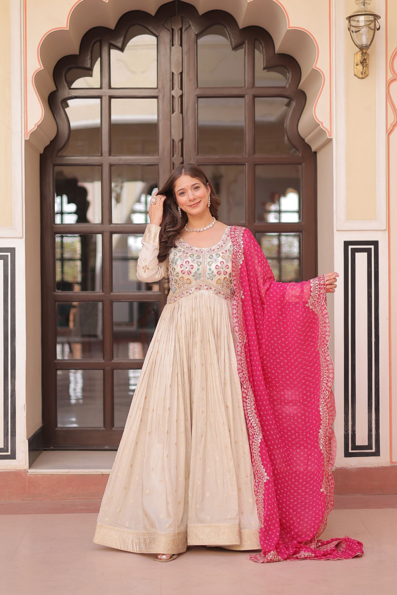 Cosmos Weaving Jacquard Crafted Pearl beads Embroidered Work Gown With Dupatta