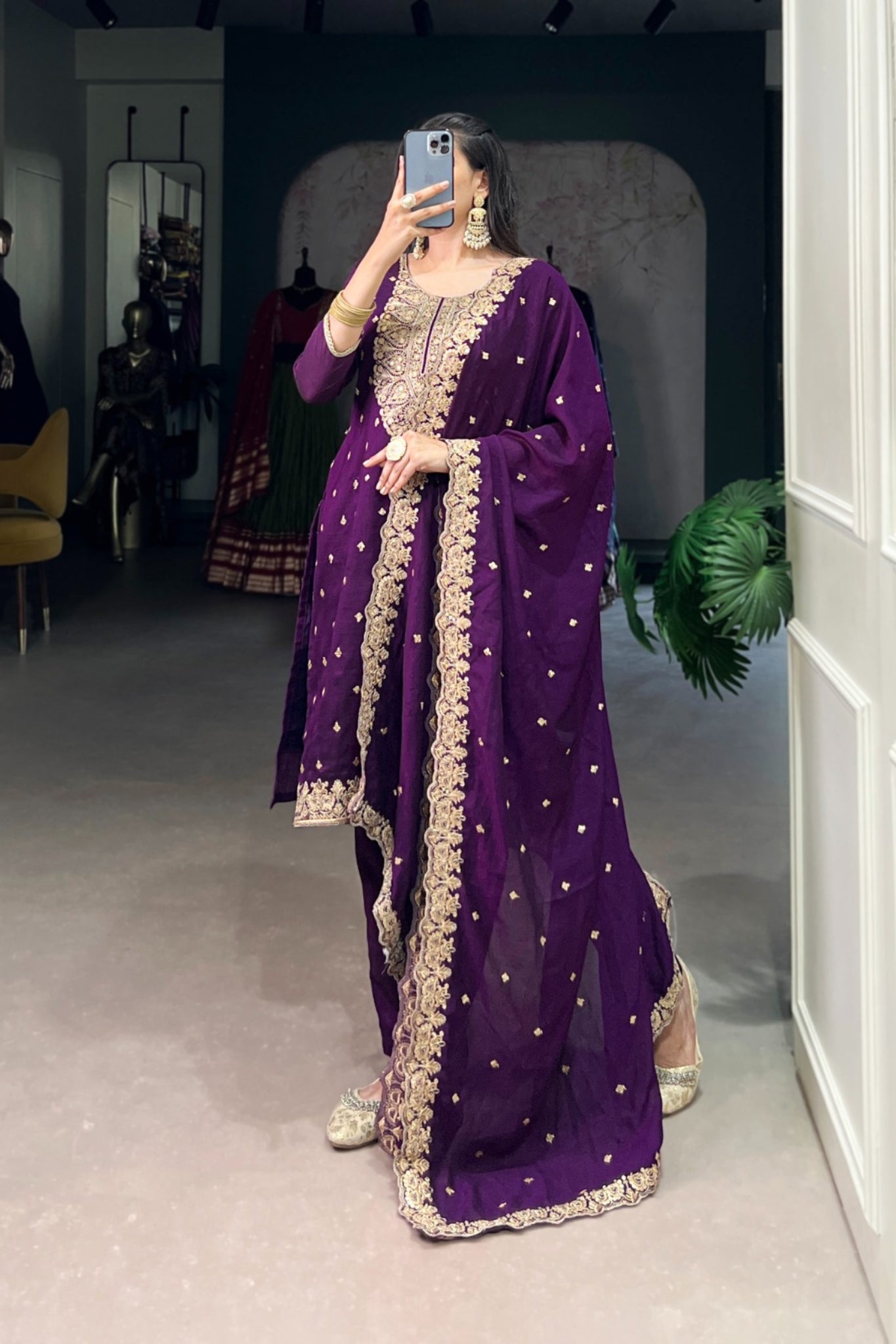 Vichitra Silk Embroidered Kurta With Dupatta & Bottom