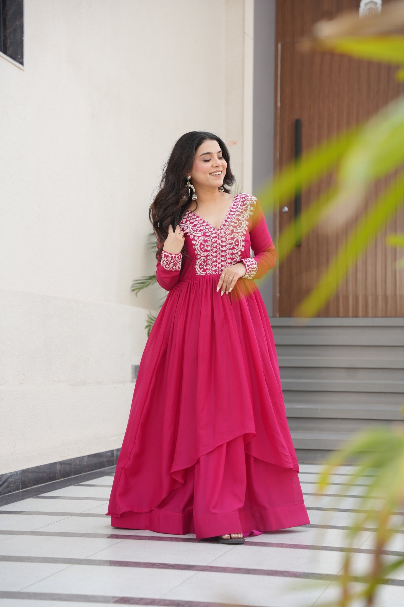 Georgette Embroidered Beads Sequins Work Double Flair Wedding Stylish Gown
