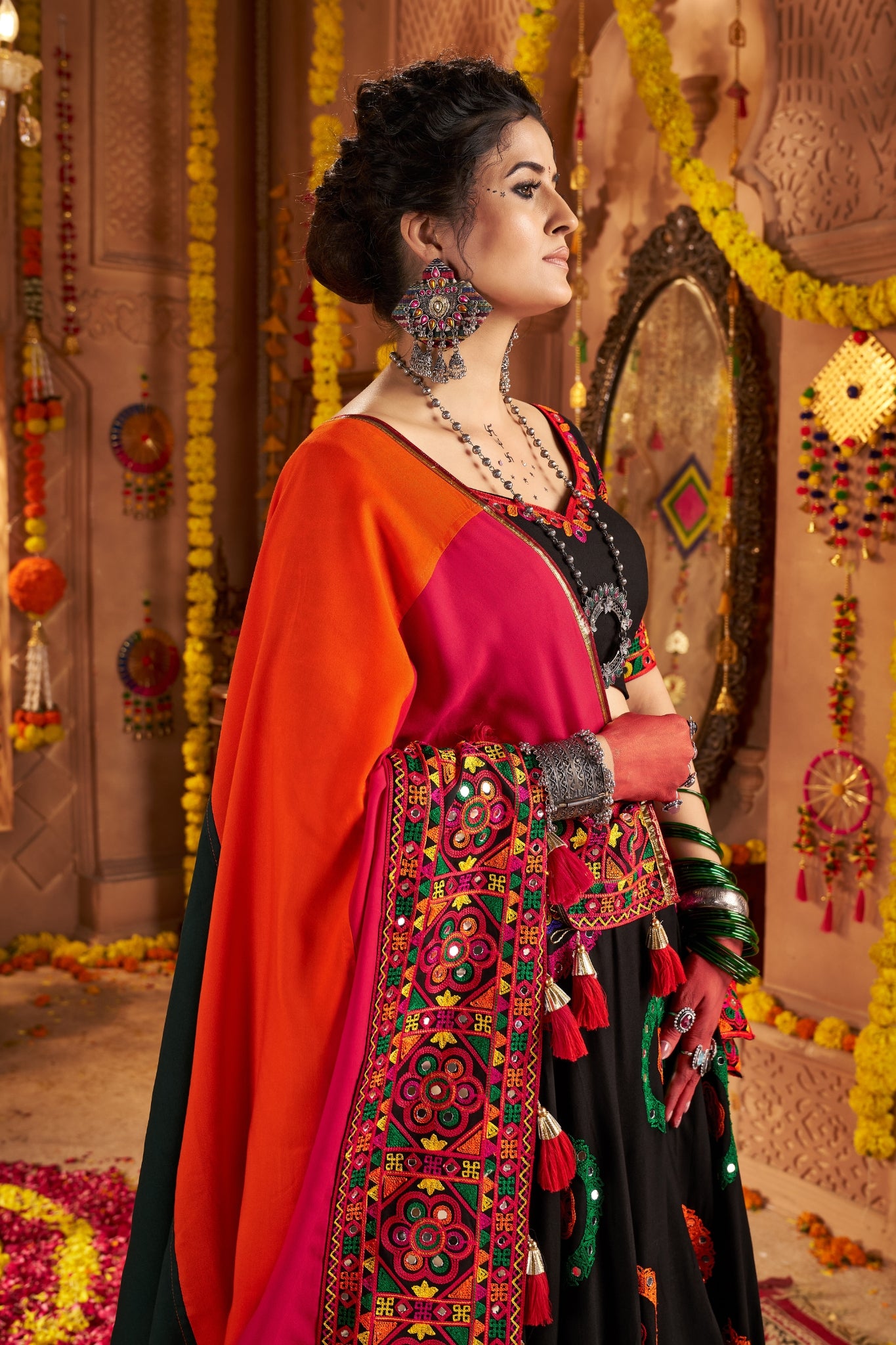 Viscose Cotton Elegant Thread Embroidered With Mirror Work Traditional Navratri Lehenga Choli