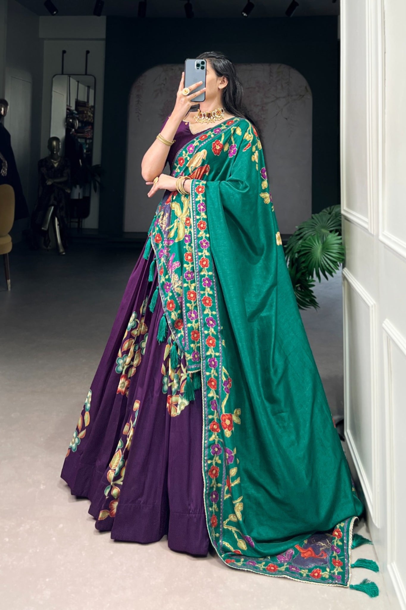 Tussar Silk Lehenga With Foil Work & Gotta Patti Dupatta