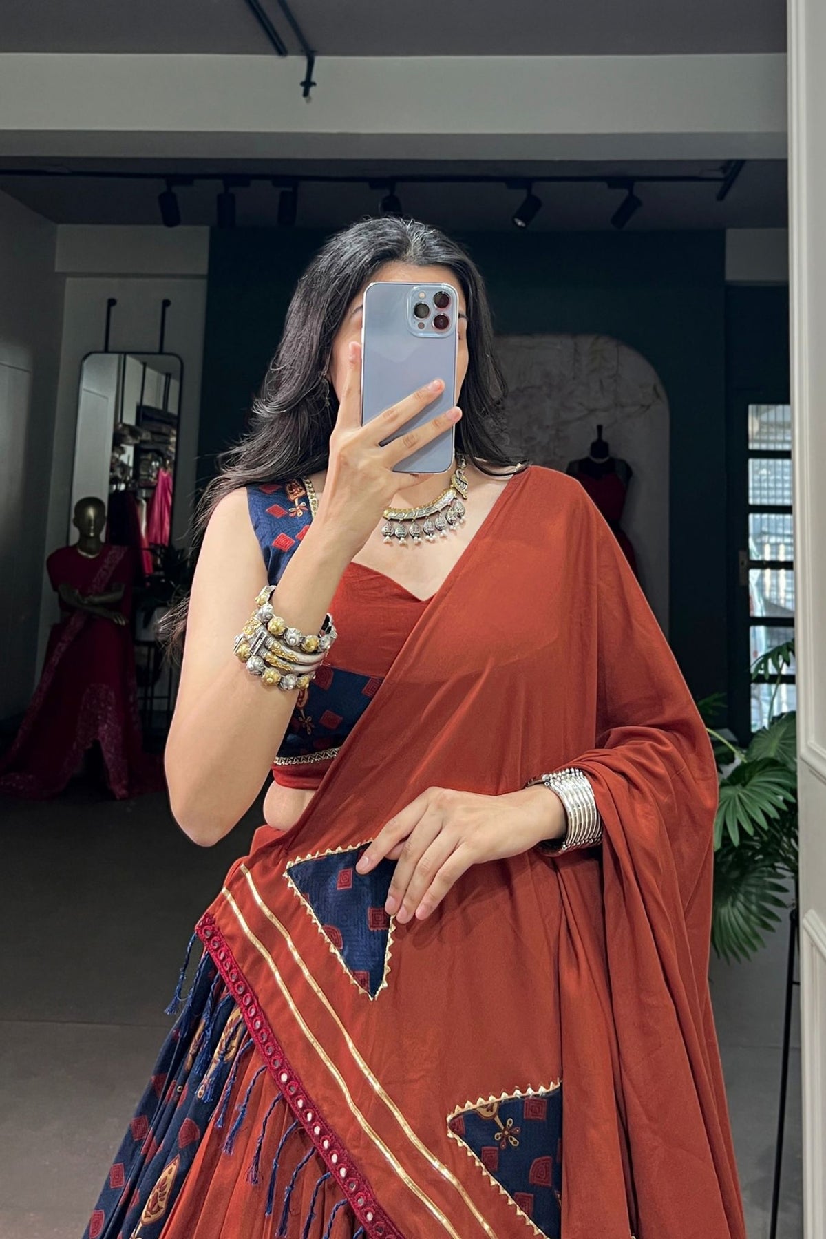 Rust Navy Navratri Designer Gamthi Mirror Work Lehenga Choli