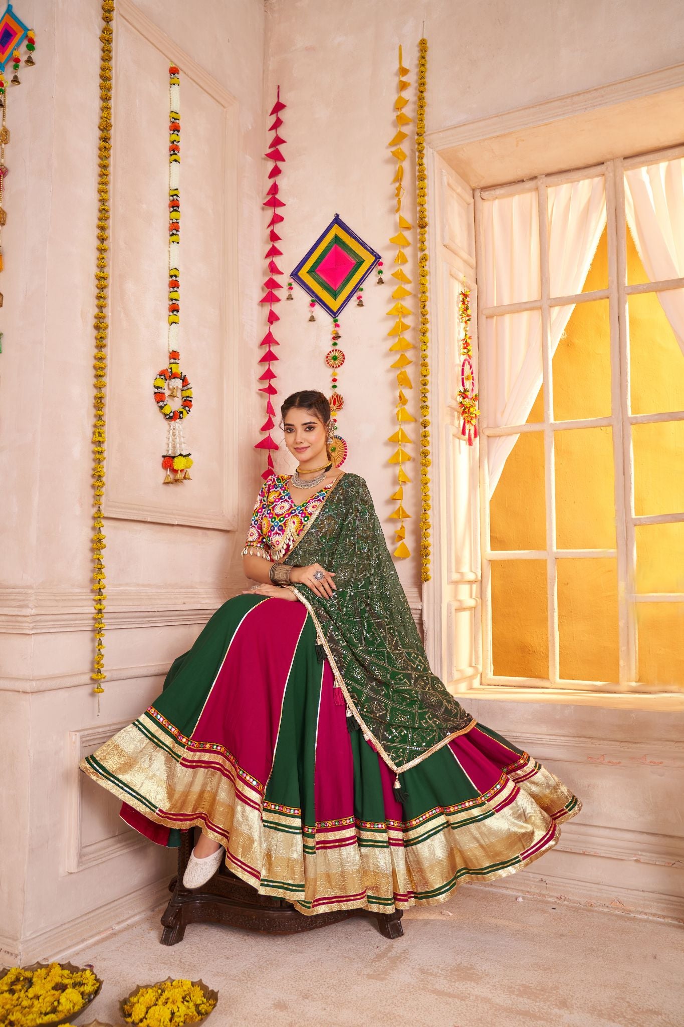 Multi Color Viscose Cotton Traditional Designer Navratri Lehenga Choli