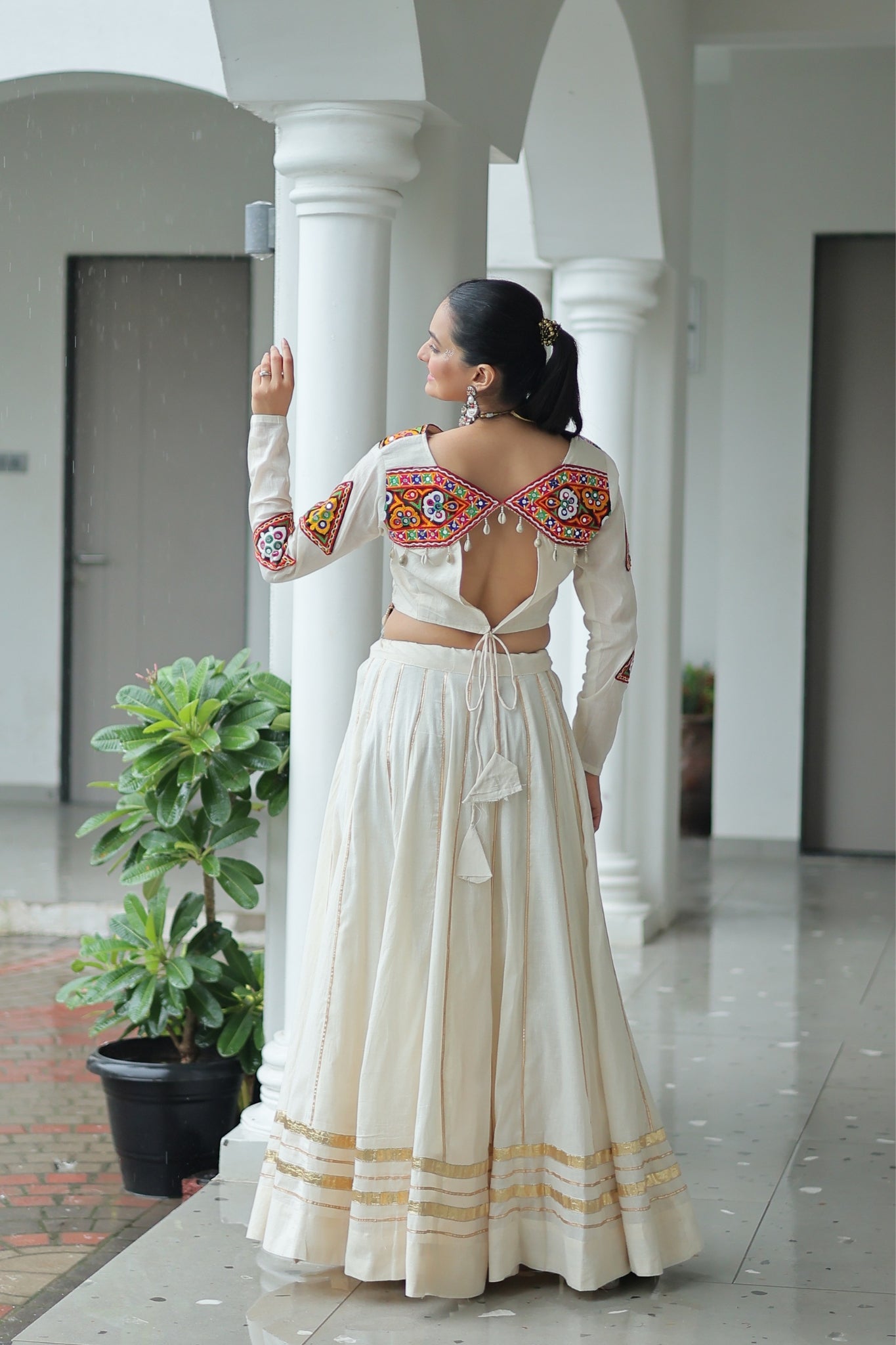 Off White Cotton Kutchi Gamthi Work With Gota Patti Lace Touch up Navratri Designer Lehenga choli