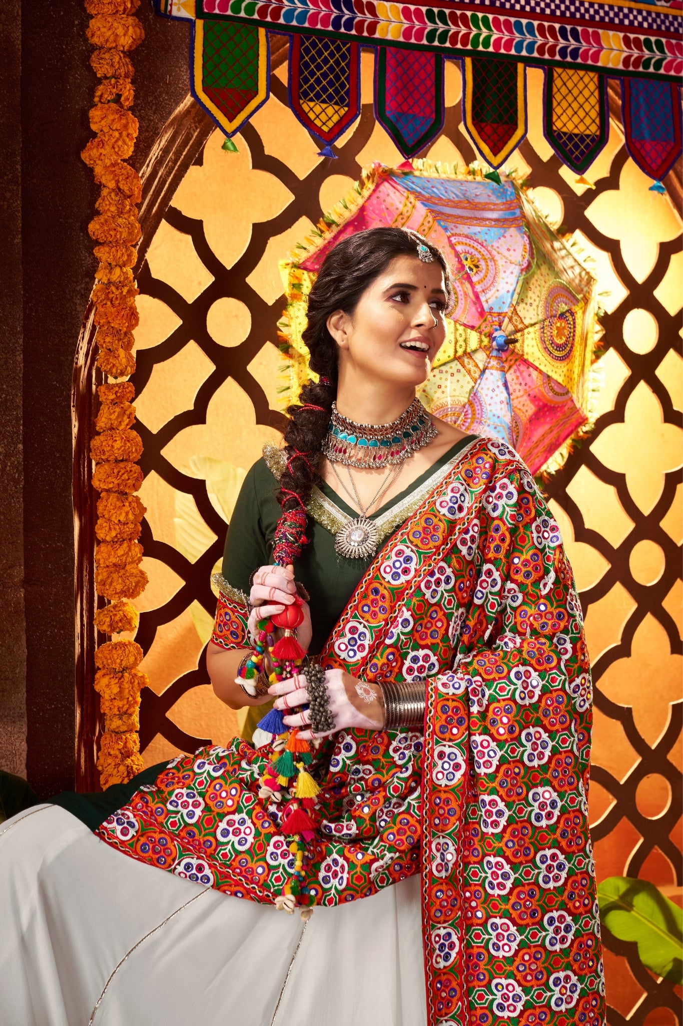 Beautiful White Designer Silk Navratri Special Lehenga Choli Set