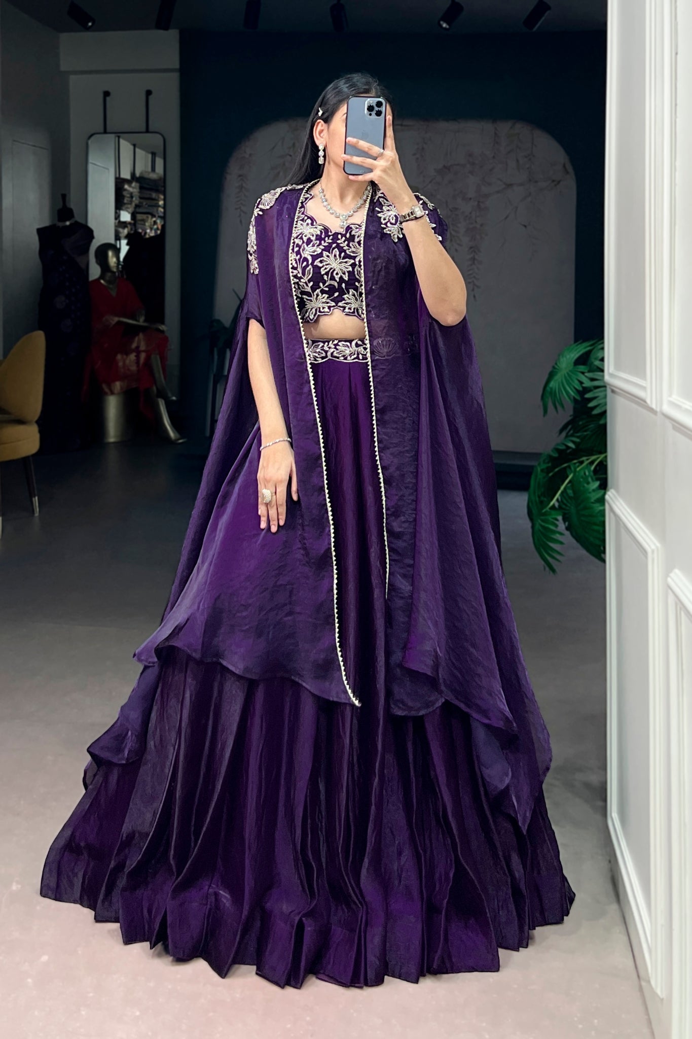 Premium Fendi Silk Lehenga Choli Set With Embroidered Shrug
