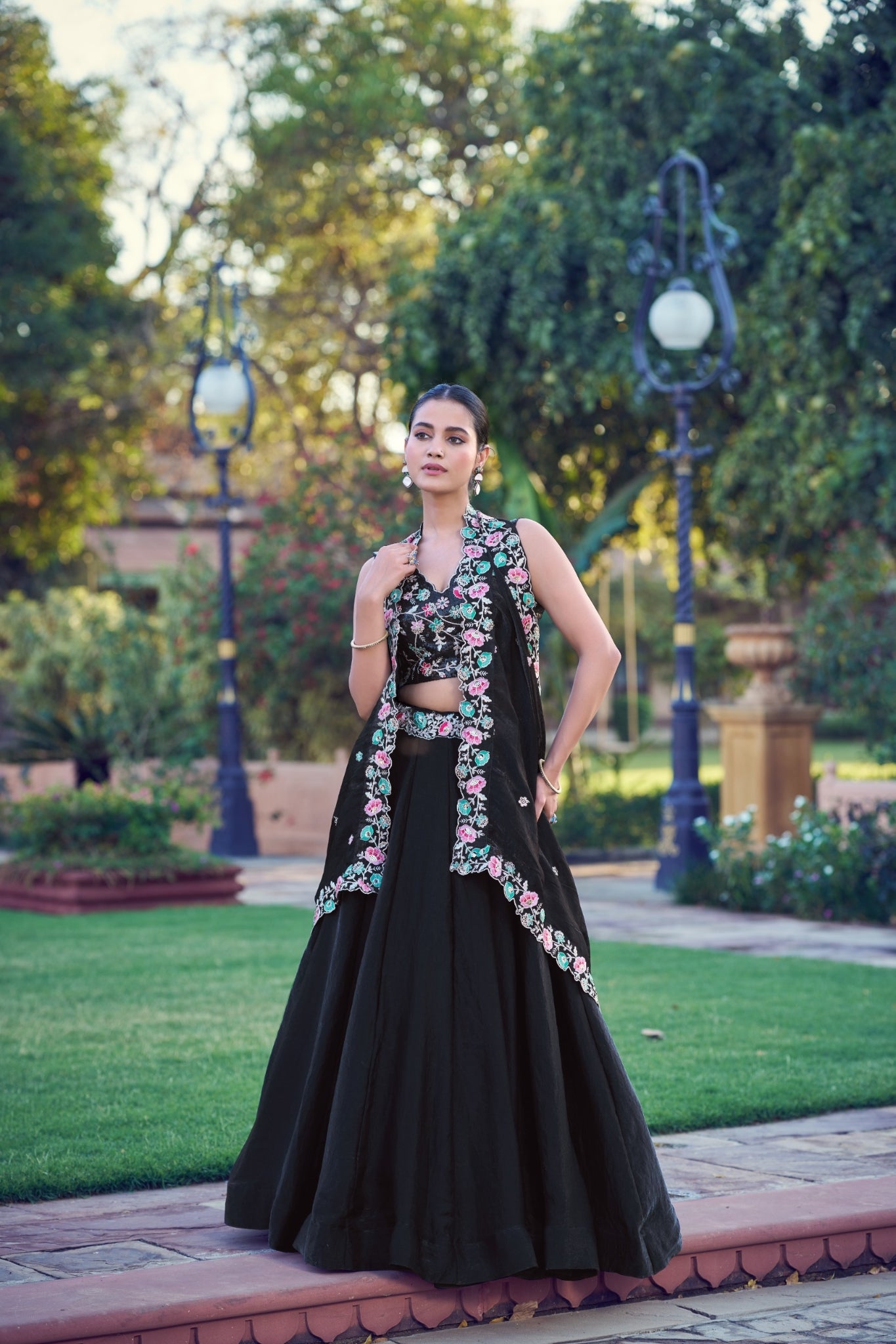 Black Fendi Fabric Lehenga Choli For Women With Sequins And Thread Embroidery