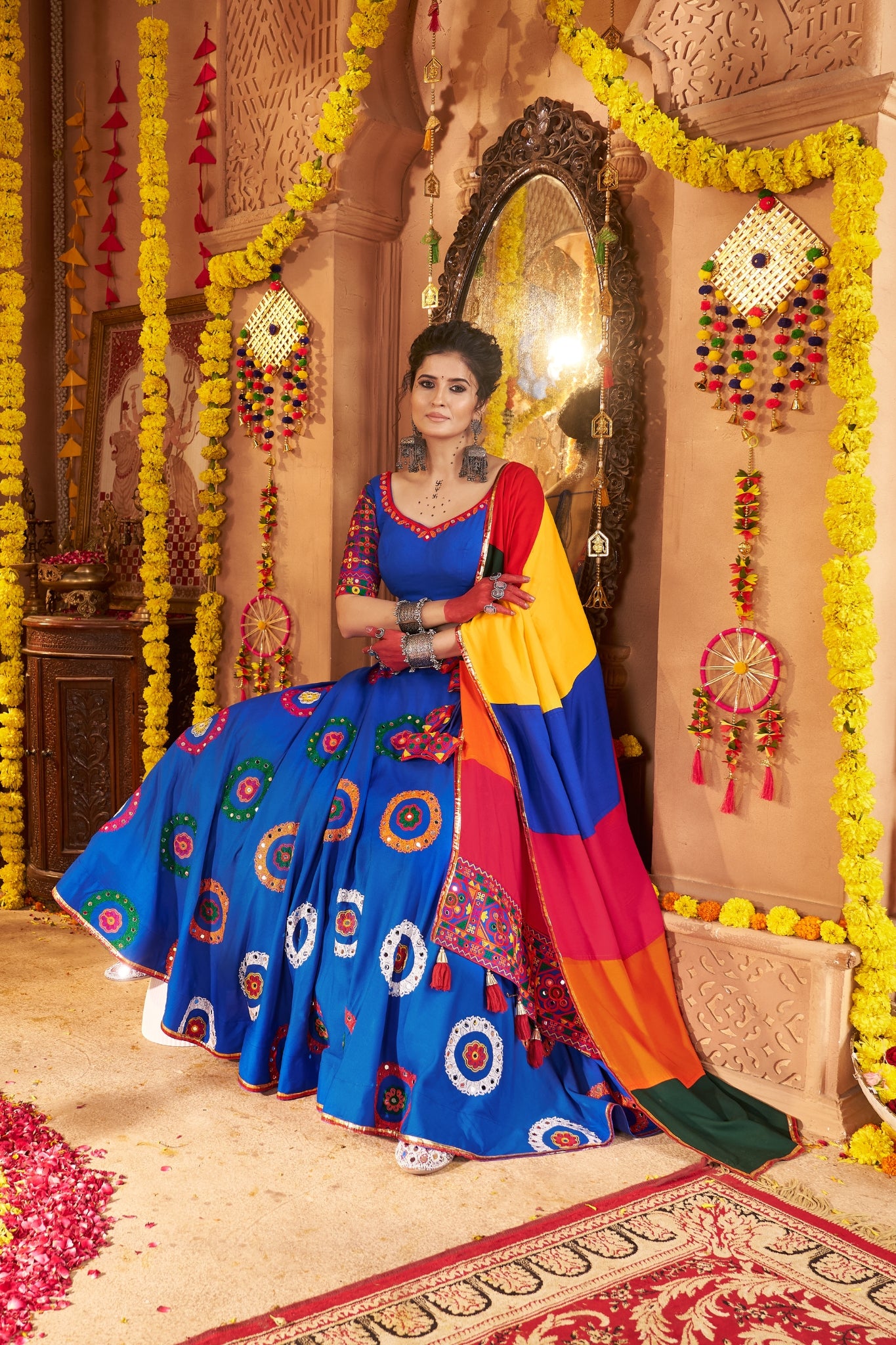 Viscose Cotton Elegant Thread Embroidered With Mirror Work Traditional Navratri Lehenga Choli