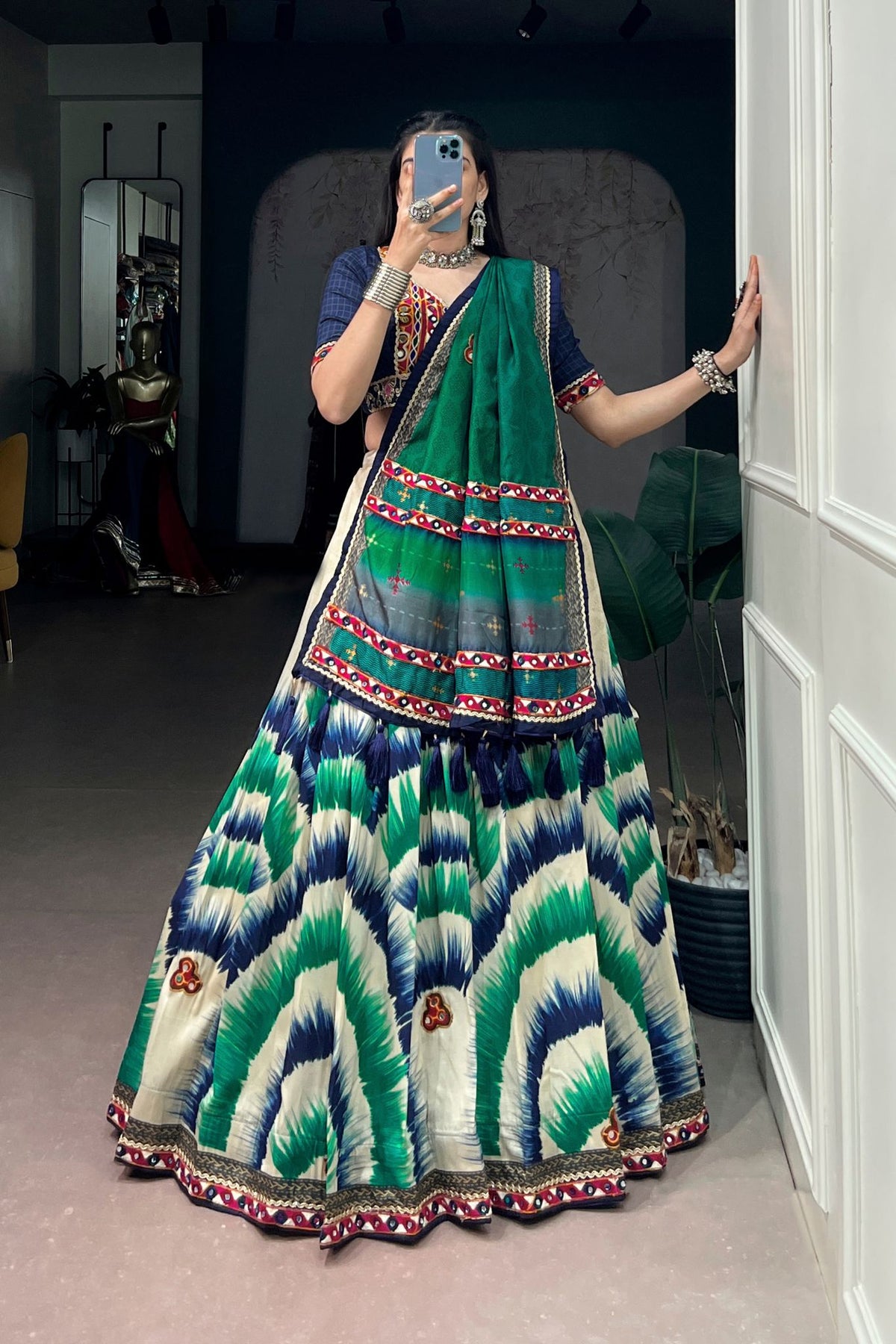 Tasar Silk Tie & Dye With Gamthi Work Navratri Lehenga Choli