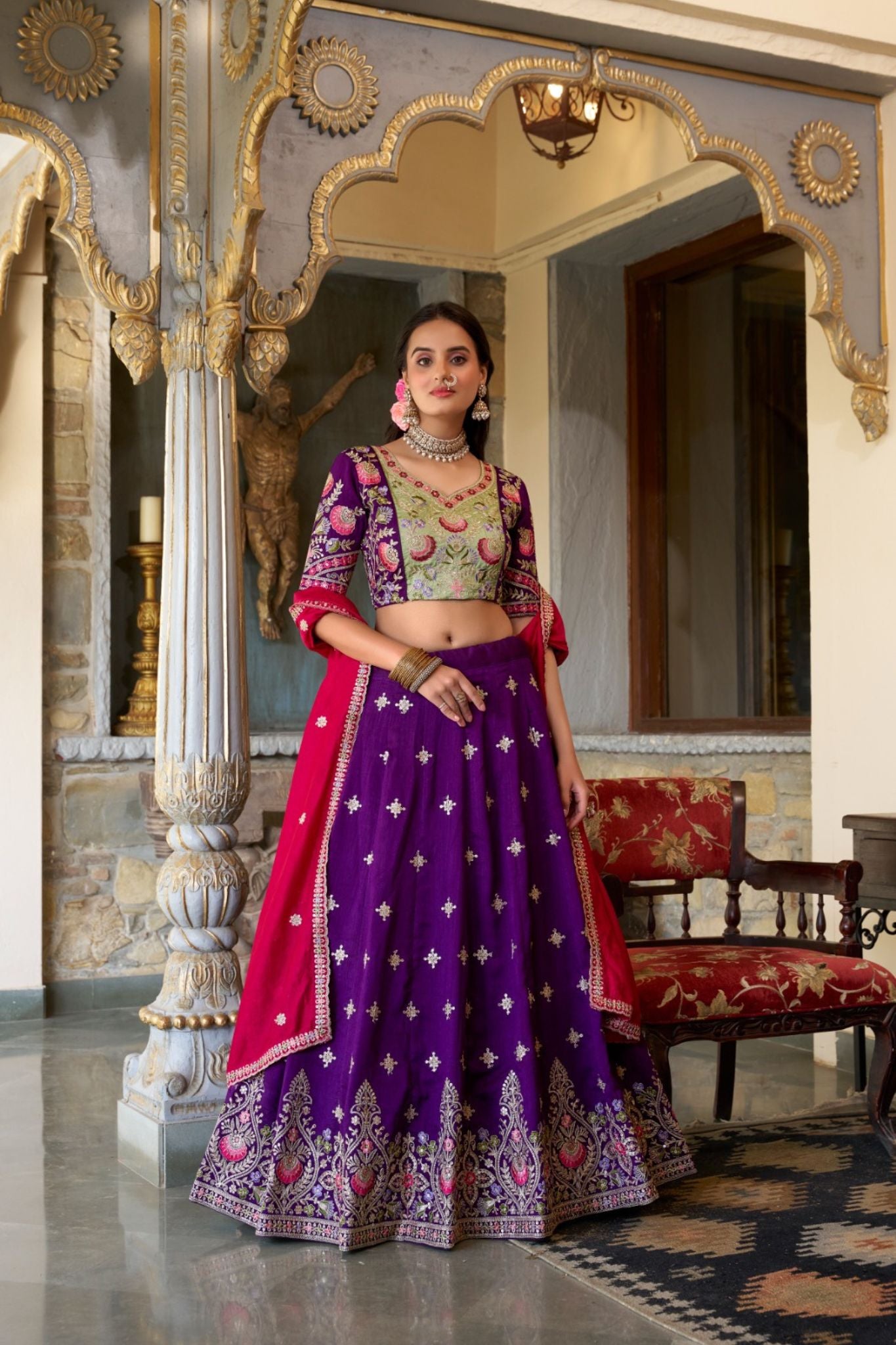 Purple Tradition Elegance Sequins Thread Embroidery Work Lehenga For Wedding