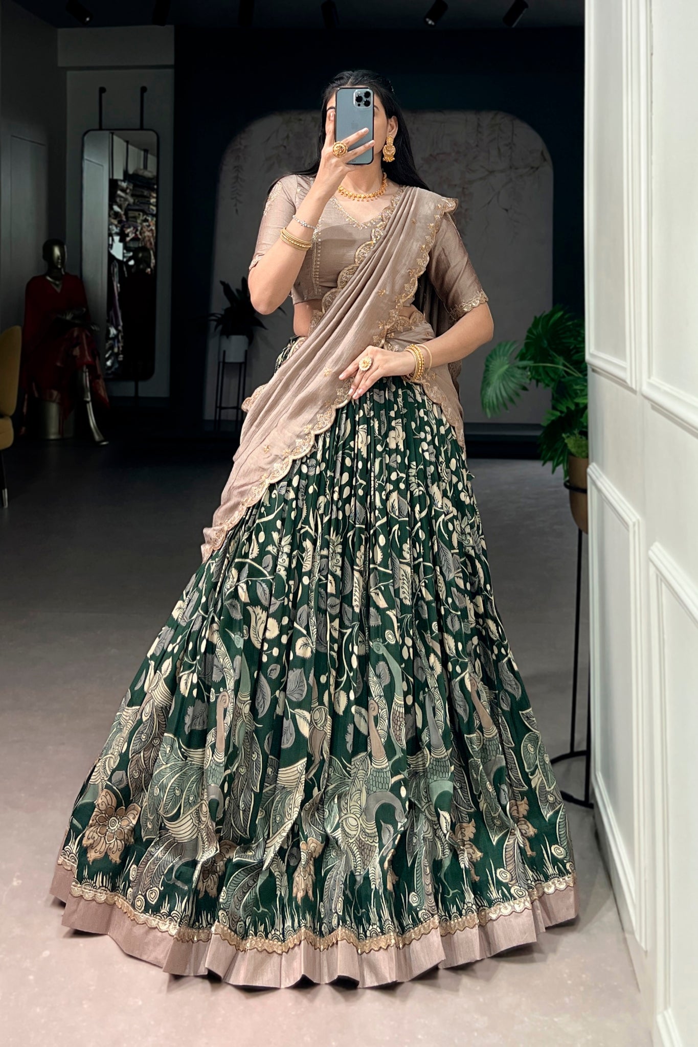 Premium Kalamkari Tasar Silk Lehenga Choli With Embroidered Dupatta