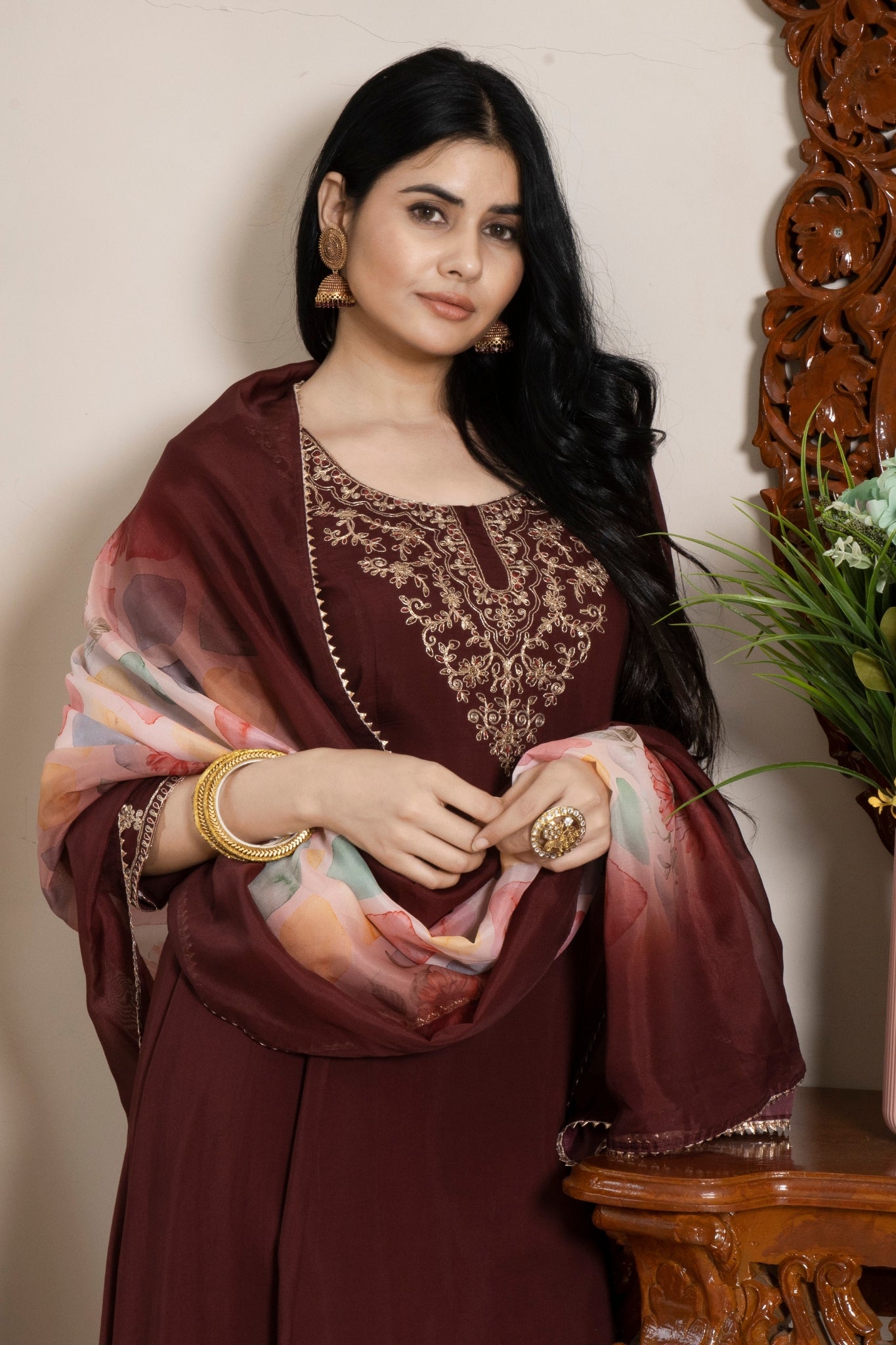 Maroon Straight-Cut Kurta Set With Gold Embroidery And Sheer Dupatta