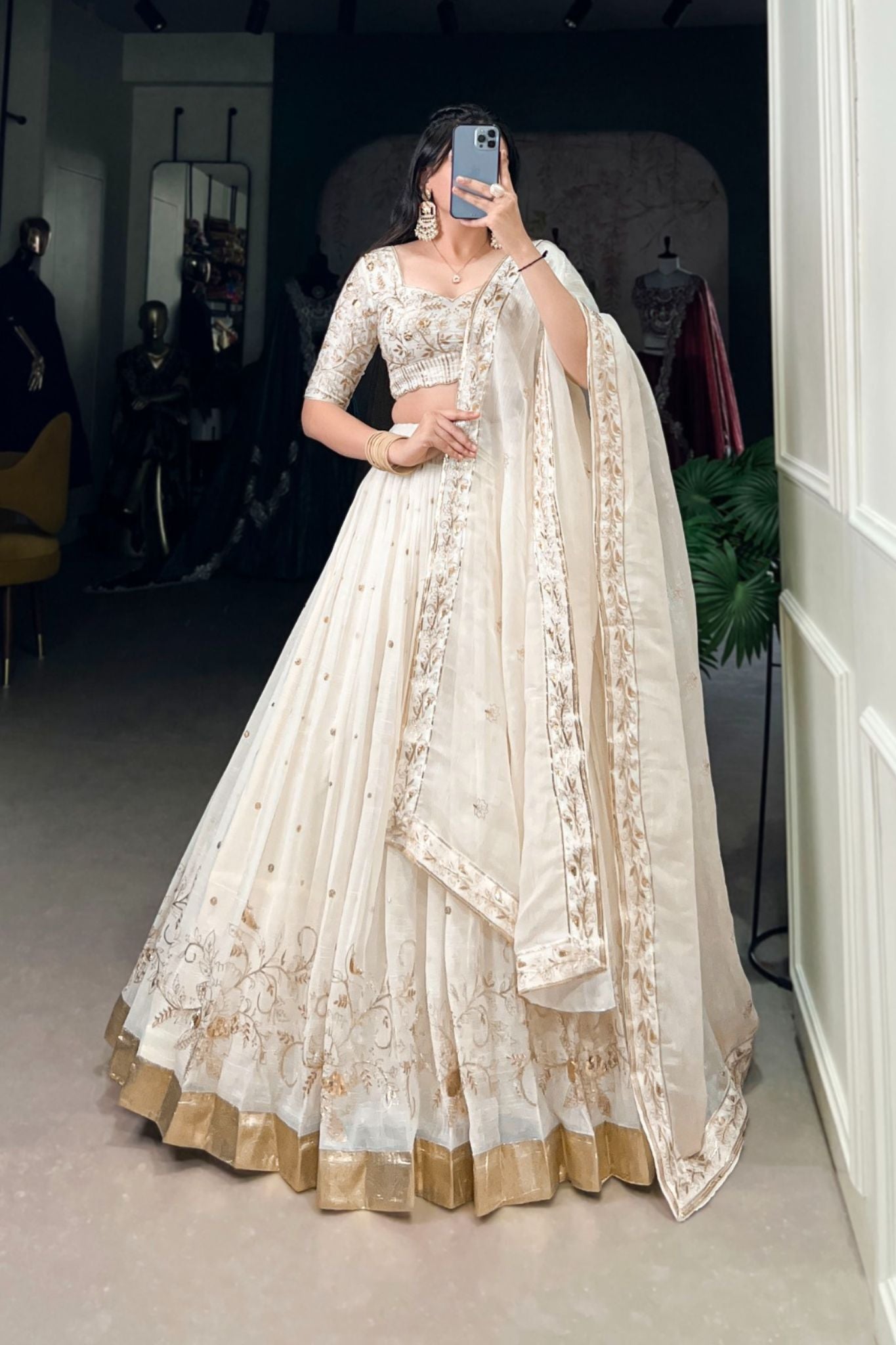 White Silver Glossy Sequins Embroidered Designer Lehenga Choli