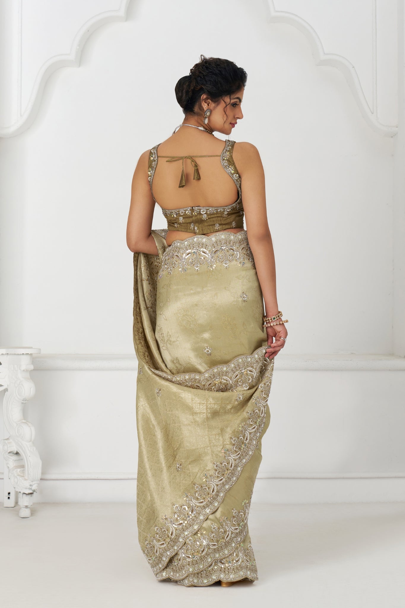Champagne Dola Viscose Silk Saree For Wedding With Beads Embroidery & Sequins Work