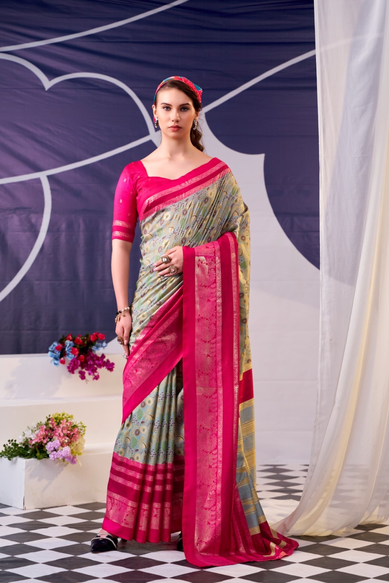 Elegant Floral Woven Designer Saree With Rich Contrast Border