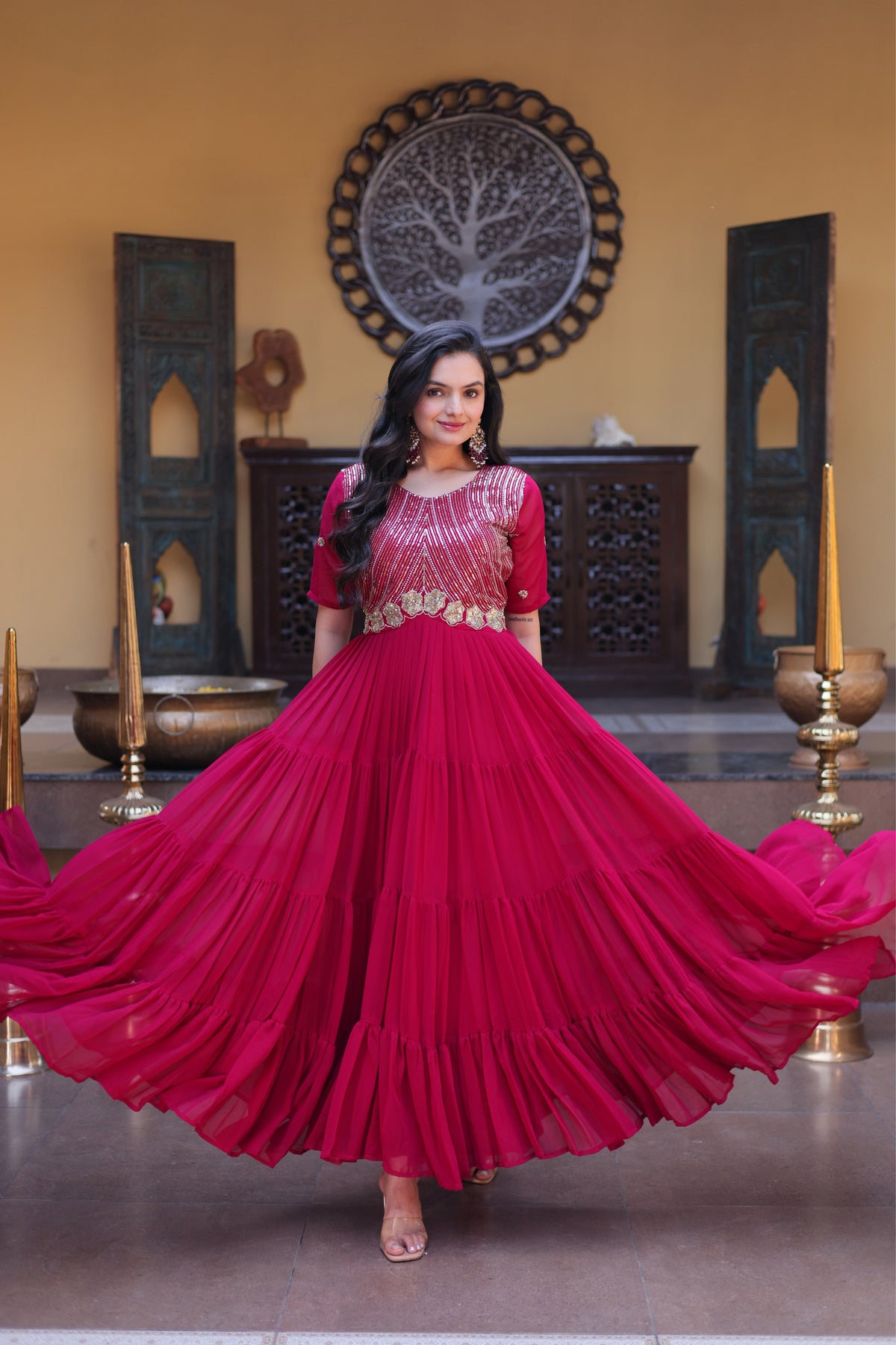 Rani Pink & Red Faux Blooming Designer Sequins Embroidered Tiered Flared Anarkali Gown