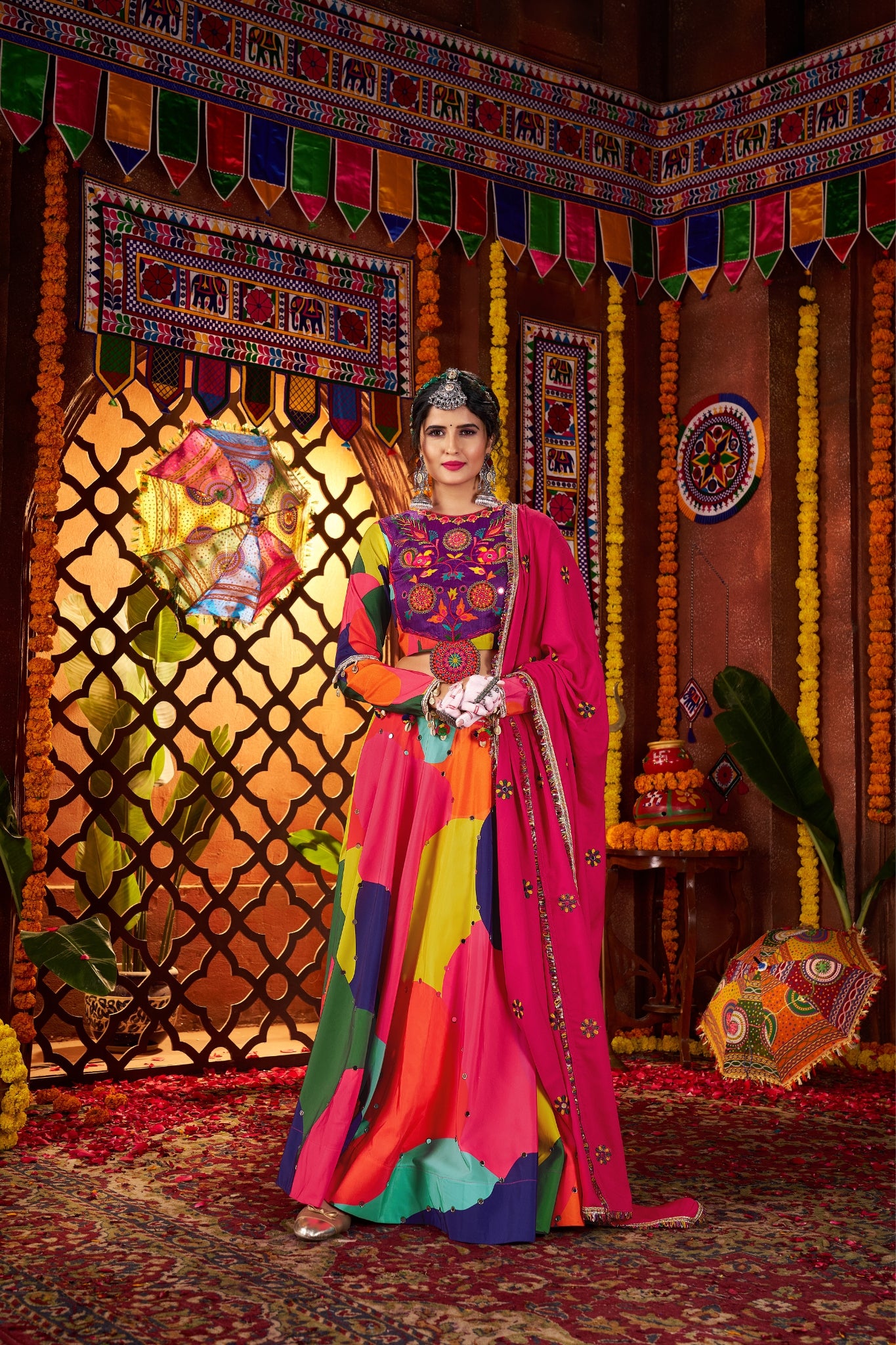 Beautiful Multi Color Designer Maslin Traditional Navratri Special Lehenga Choli