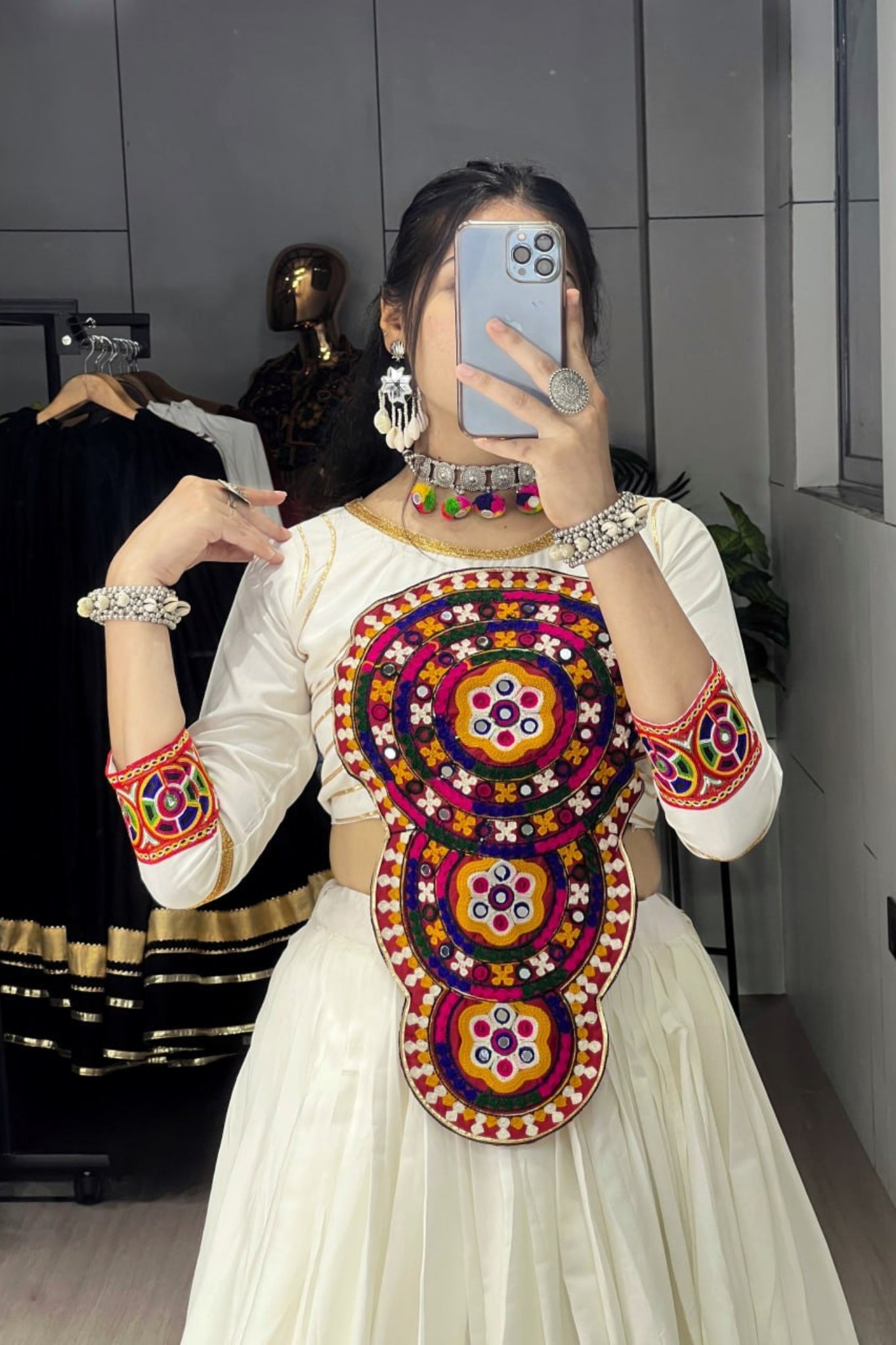 Designer White Multicolor Navratri Lehenga Choli For Women