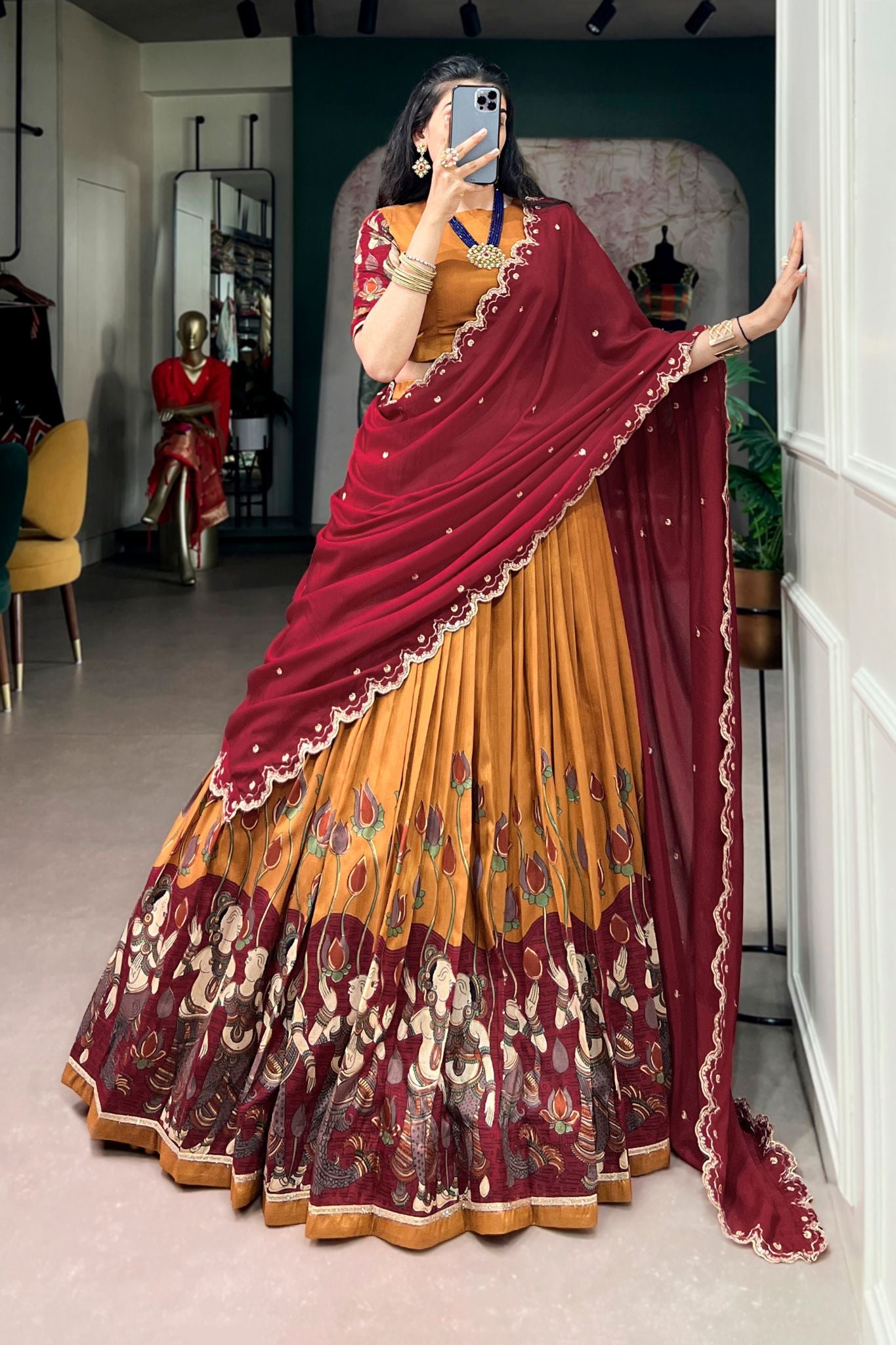 Designer Tasar Silk Kalamkari Print Wedding And Festive Lehenga Choli
