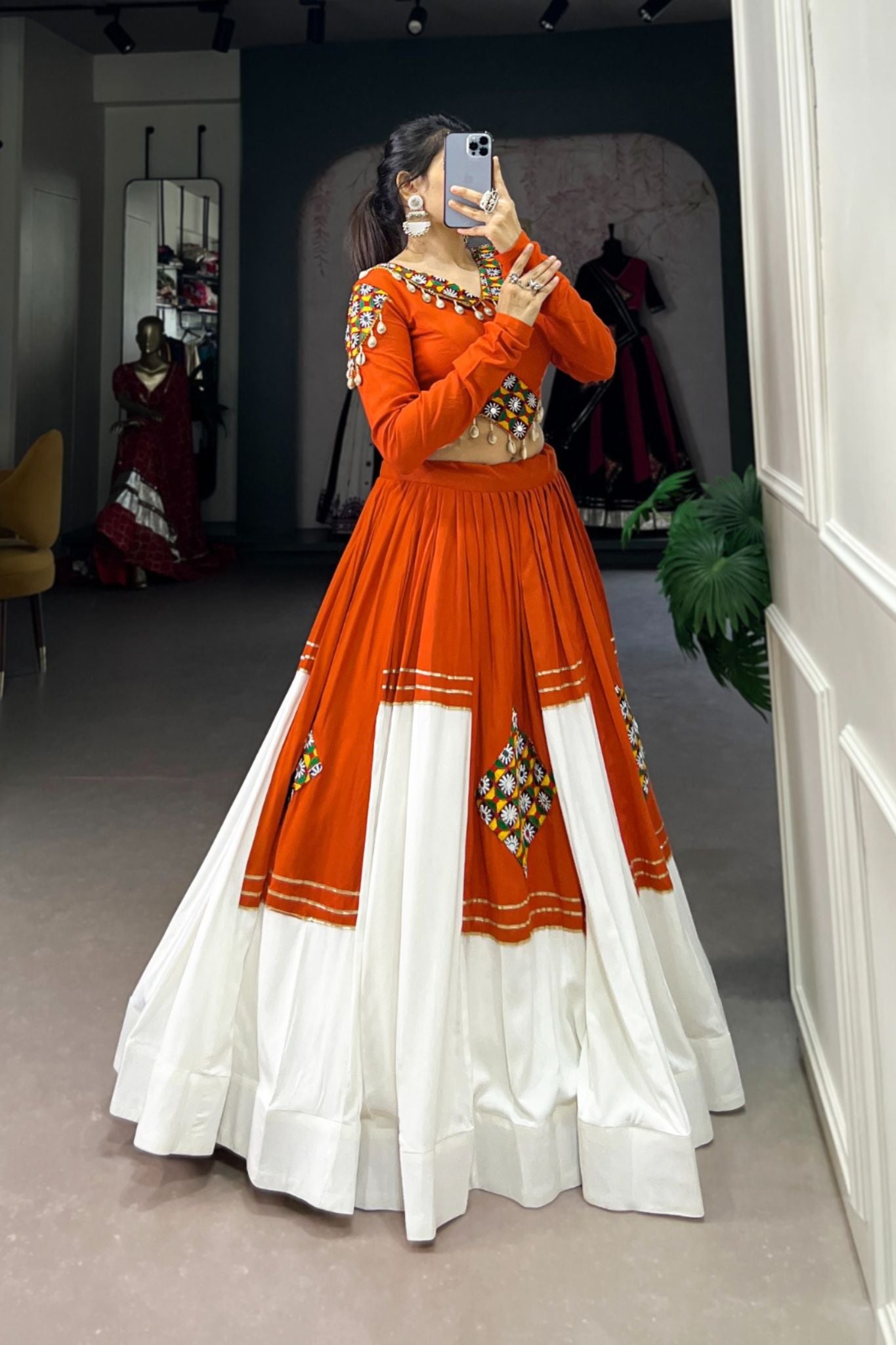 Orange Pure Rayon Gamthi Work Navratri Lehenga Choli