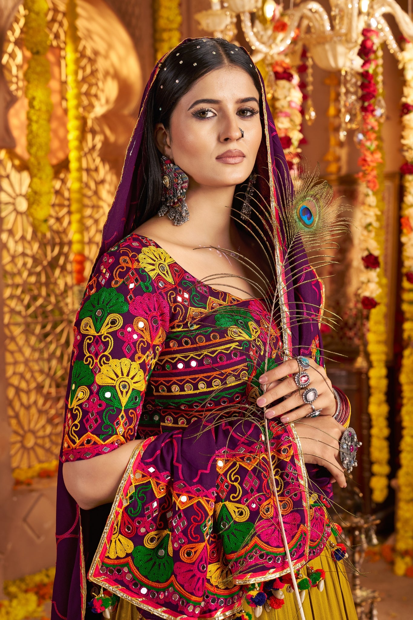 Designer Festive Spirit Viscose Cotton Multi Tread With Mirror Work Traditional Navratri Lehenga Choli